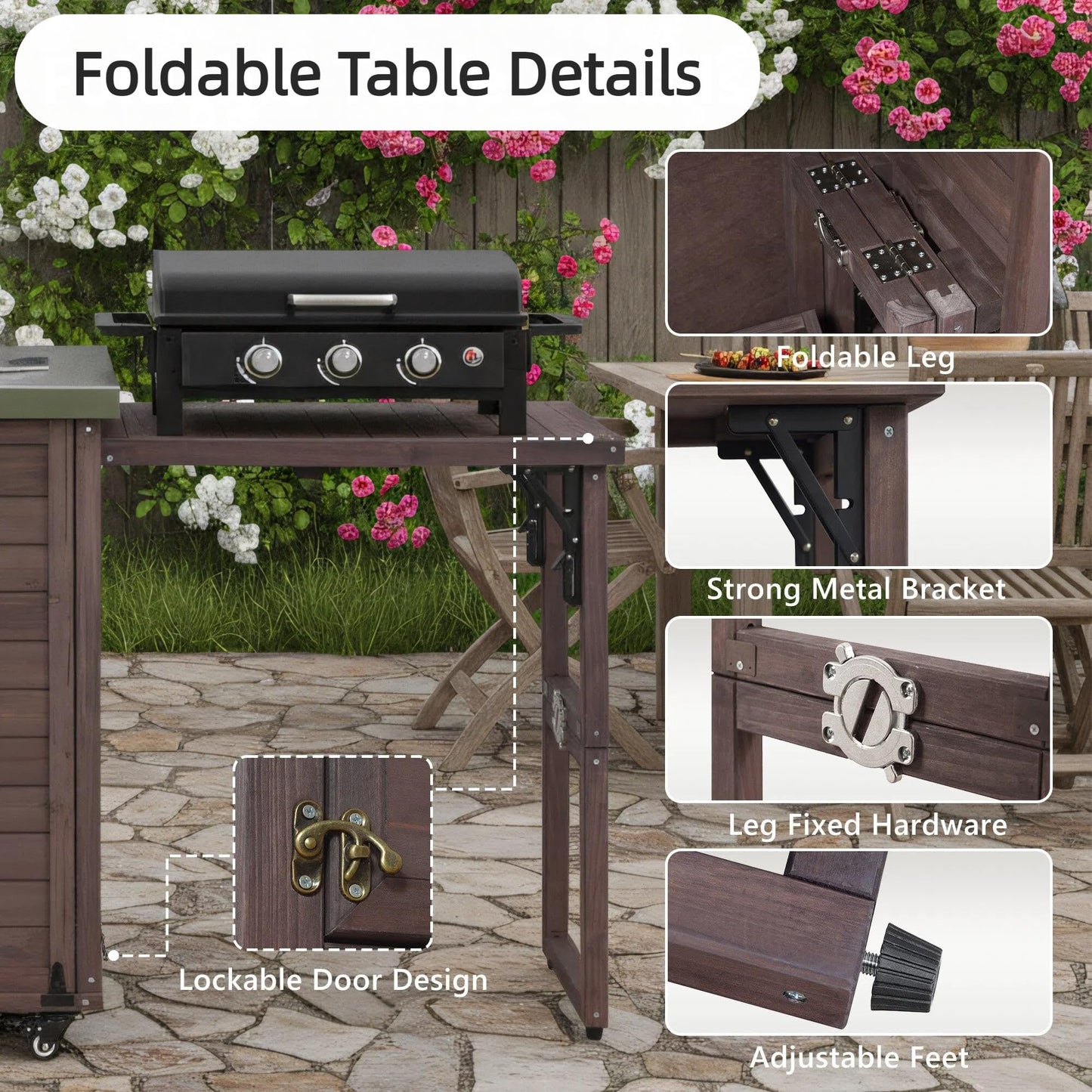Trygoal 78.2" Outdoor Kitchen Island with Foldable Grill Table & Stainless Steel Top, Rolling Kitchen Cart with Trash Can Storage, Multifunctional Outdoor Grill Table for Lawn & Garden, Dark Brown