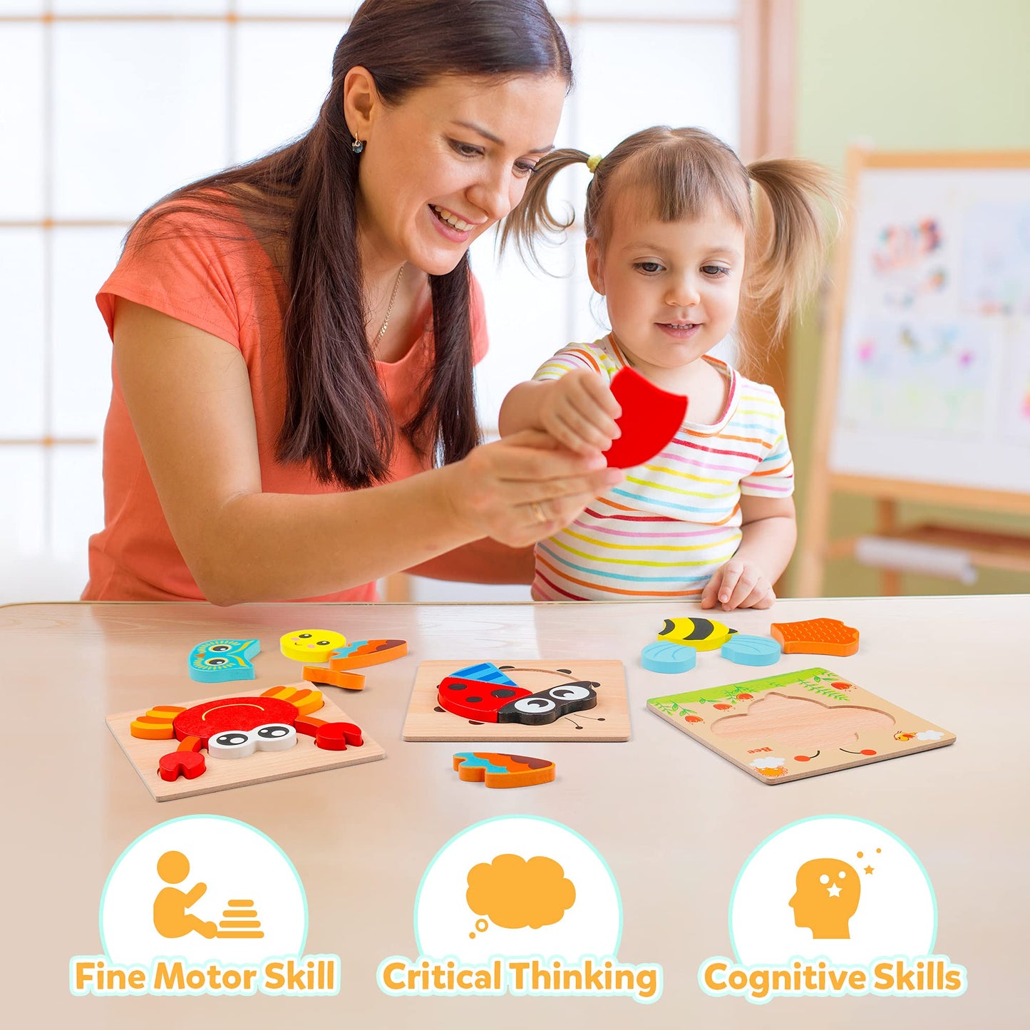 Coogam Wooden Jigsaw Puzzle Set, 6 Pack Animal Shape Color Montessori Toy, Fine Motor Skill Early Learning Preschool Educational Gift Game for Years Old Kids