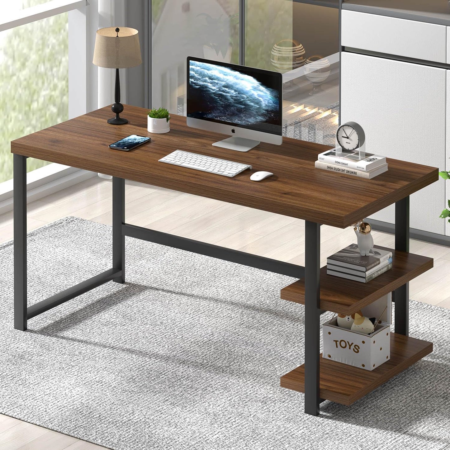 FOLUBAN Modern Computer Desk, Wood Home Office Desk, Study Writing Gaming Table Workstation with Storage Shelves for Living Room Bedroom, Rustic Walnut, 53 Inch