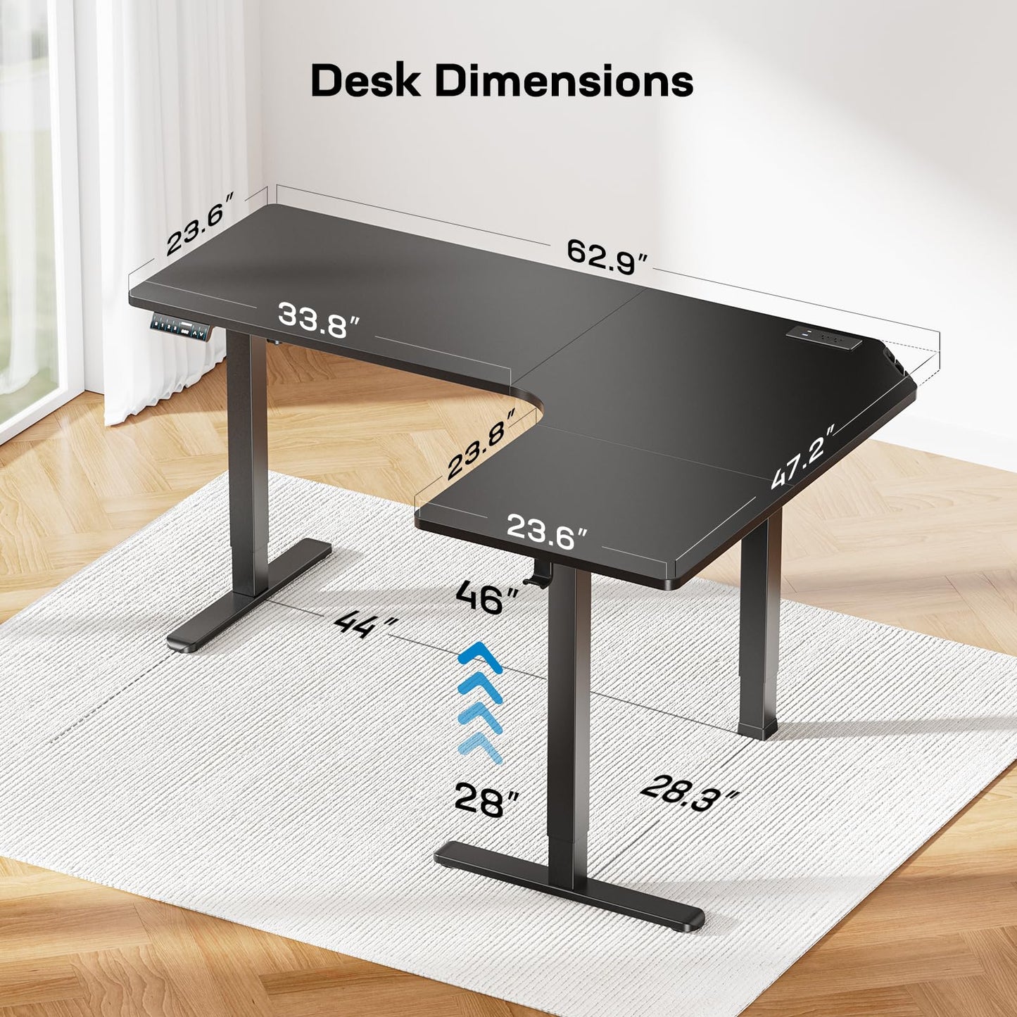 HUANUO 63″ Dual Motor L-Shaped Standing Desk, Built-in Power Outlets, Electric Height Adjustable Corner Computer Desk, Large Power Strip Holder, Sit Stand Up Desk with 3 Preset Heights, Black