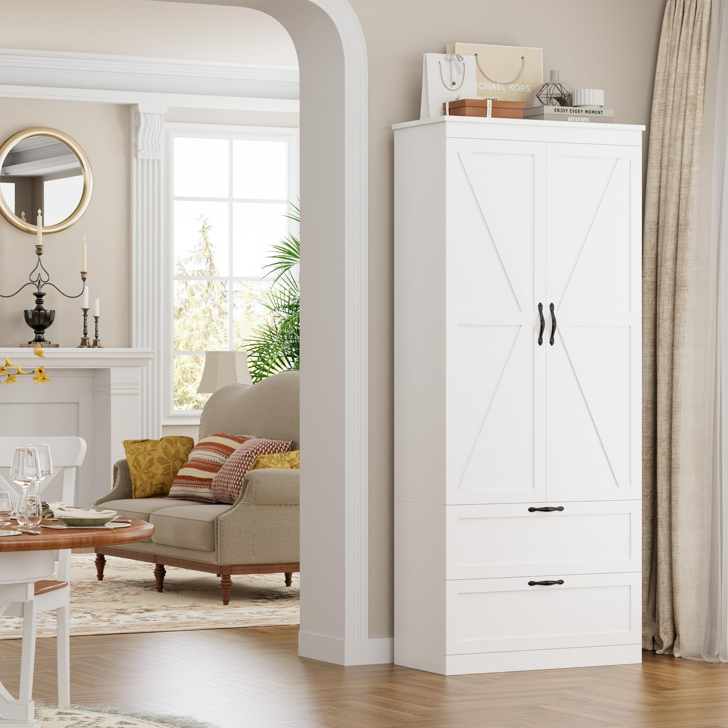 HOSTACK 70" Tall Kitchen Pantry Storage, Barn Doors Pantry Cabinet with Drawers and Adjustable Shelf, Modern Farmhouse Storage Cabinet for Kitchen, Dining Room, Living Room, Bathroom, White