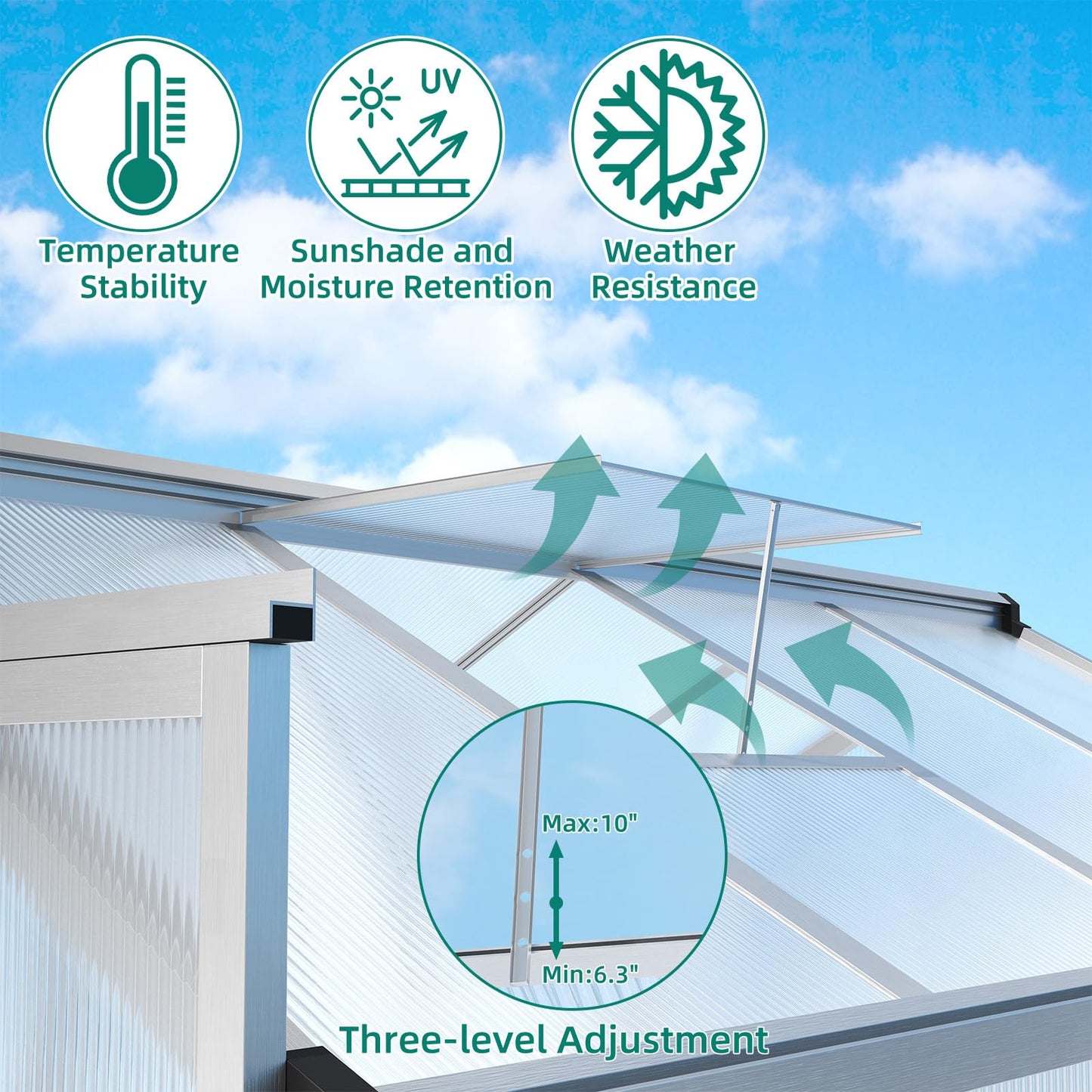 GAOMON 6 x 10 ft Greenhouse for Outdoor with Sliding Door, Green House with Polycarbonate Panel & Ajustable Roof Vent & Ground Nails, Walk-in Aluminum Greenhouses for Garden, Patio