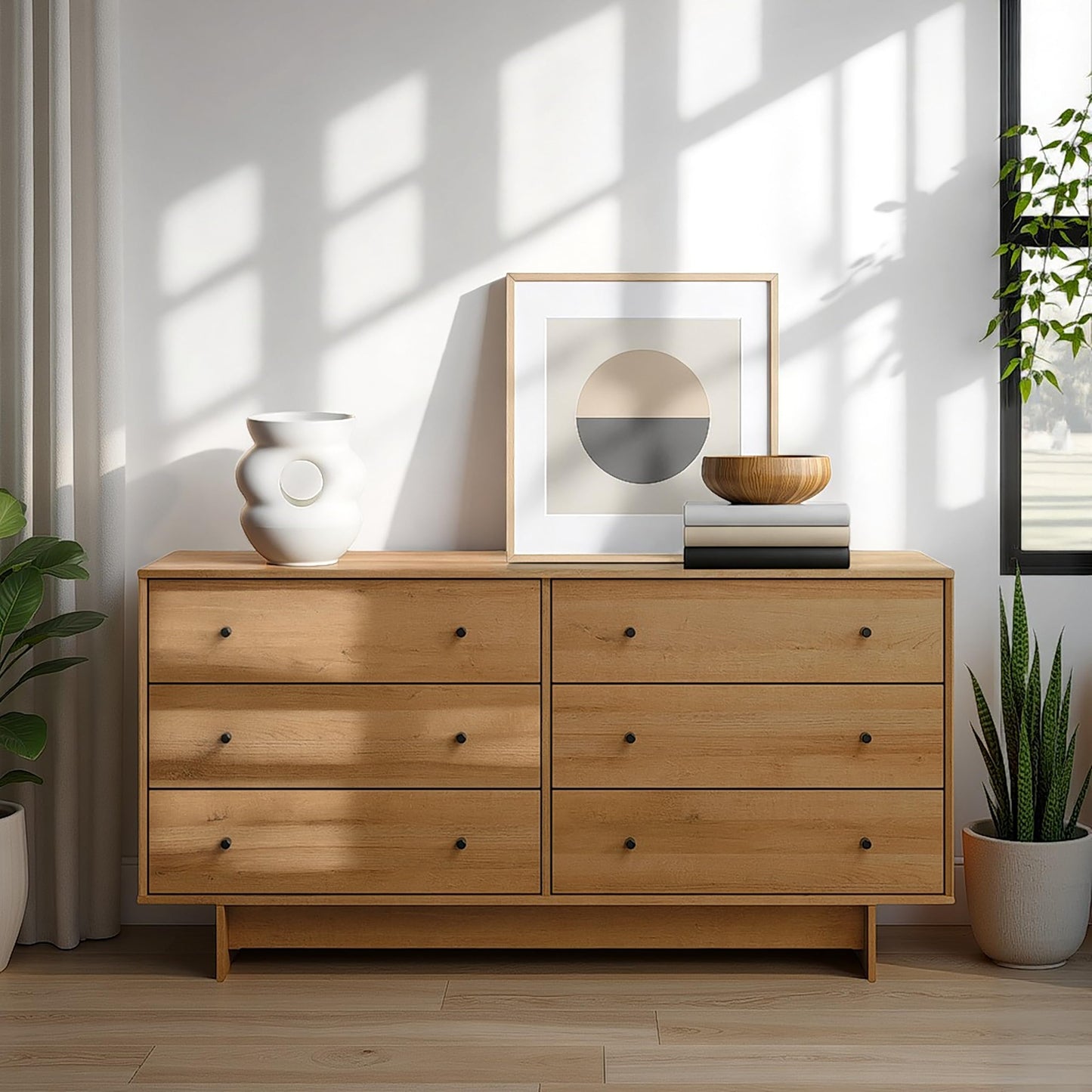 Prepac Finnley 6-Drawer Dresser in Natural Oak, Dresser for Bedroom, Extra-Wide Chest of Drawers with Storage, Modern Clothing Organizer for Home, Bedroom, Living Room, 16" D x 61" W x 31" H