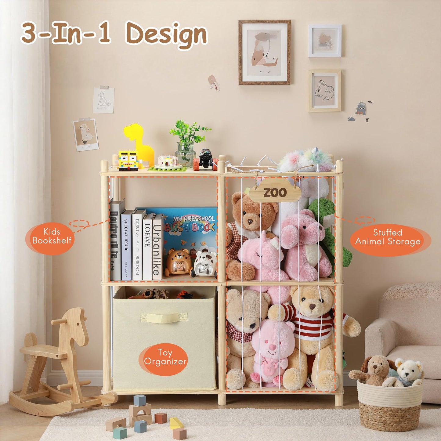 LAMU Stuffed Animal Storage and Kids Bookshelf, Wooden Toy Organizer with Large Toy Box Chest, Kids Bin Shelf Toys Box Bookcase, Stuffed Animal Zoo Holder for Bedroom Playroom Nursery
