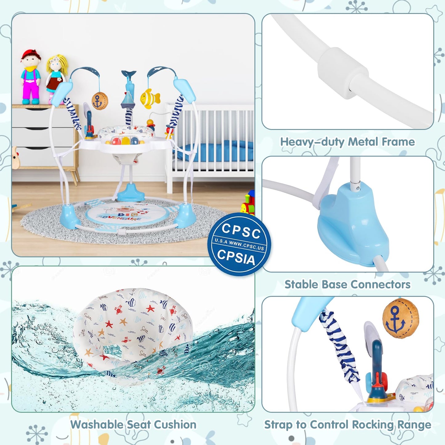 Furmubei Baby Activity Center, 3-in-1 Baby Jumper, Infant Activity Center with 360° Rotating Seat, Music, Lights, 3 Adjustable Heights, Infant Activity Jumper for 6+ Months JP2401