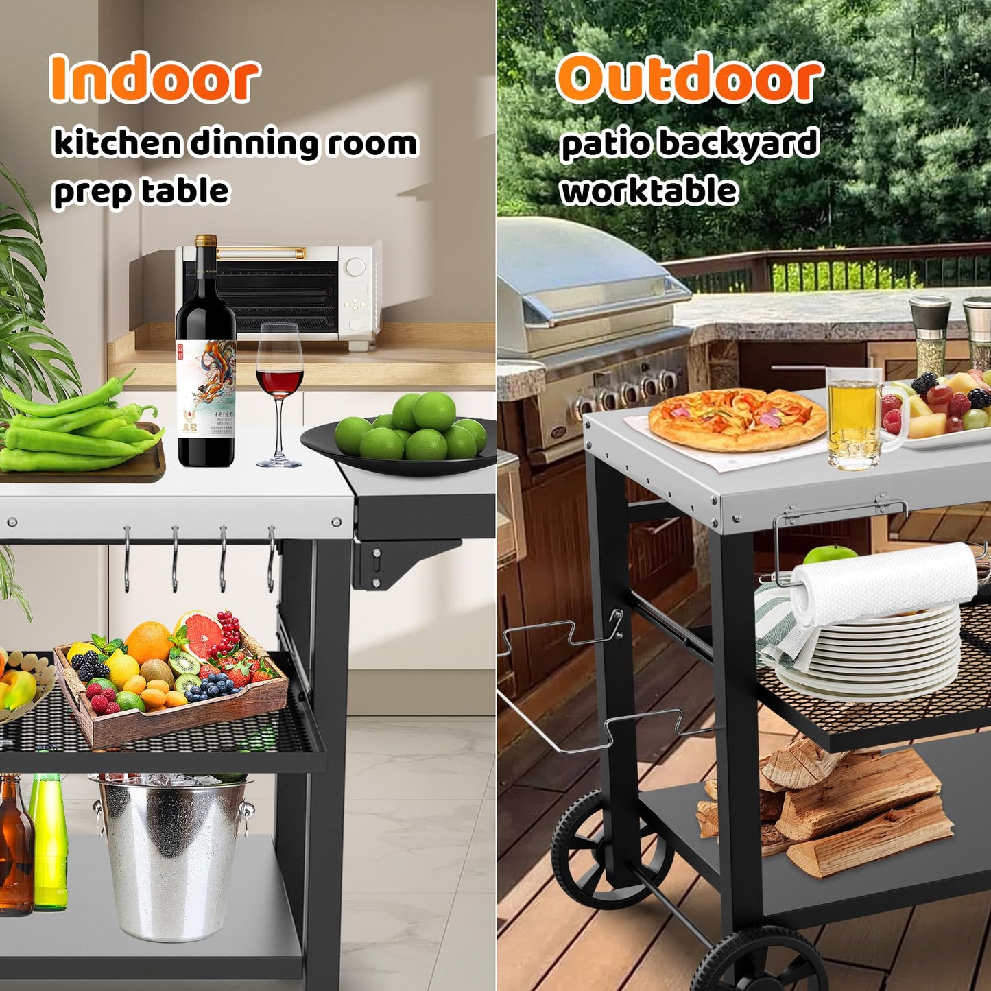 Outdoor Kitchen Island, Grill Table Cart with Drawer, Pizza Oven Stand, Movable 3-Shelf Prep Table with Side Table for Ninja Woodfire, Ooni Pizza Oven, Blackstone Griddle, Cuisinart, Barbecue tool set