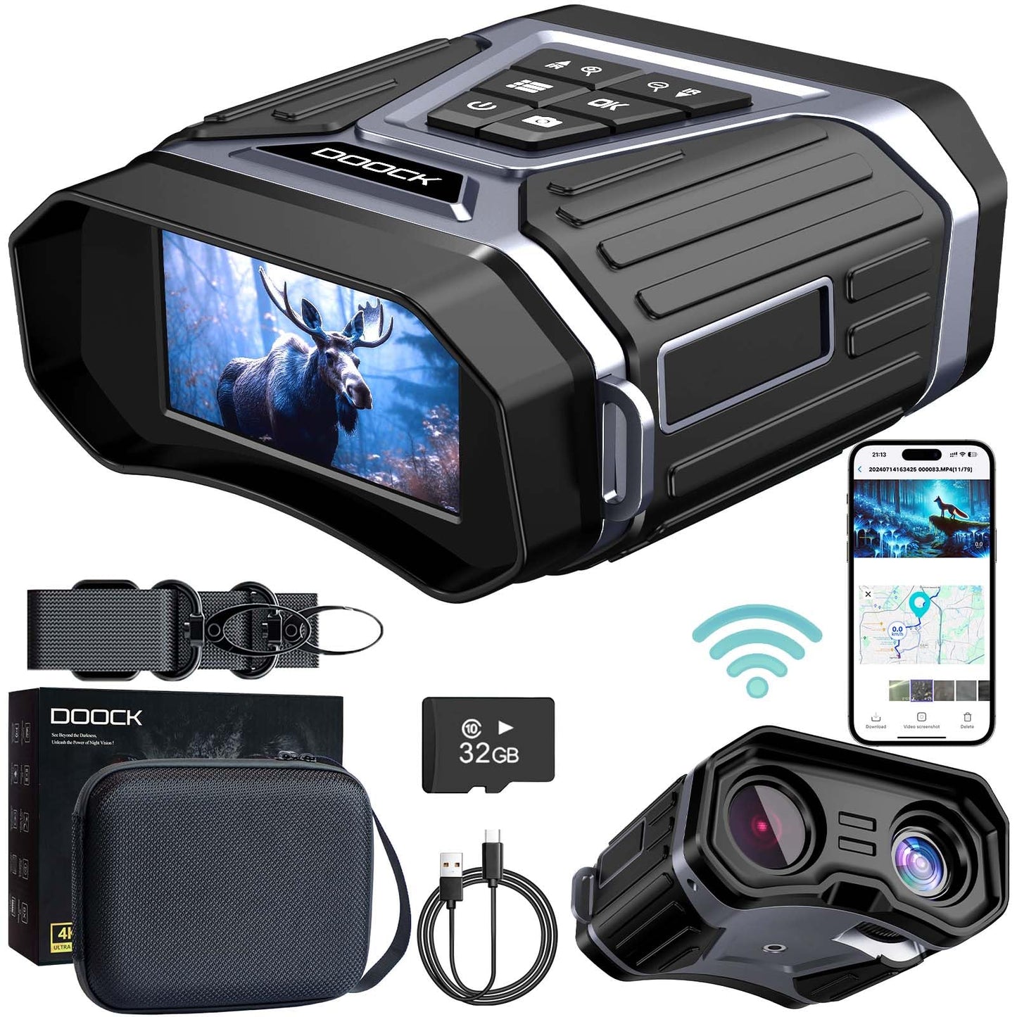 DOOCK Night Vision Goggles 4K Infrared Digital Binoculars with Full Color in Low Light, 32GB Memory Card, 5200mAh Rechargeable Battery, WiFi Connect & GPS Function for Camping, and Fishing-Silver Gray