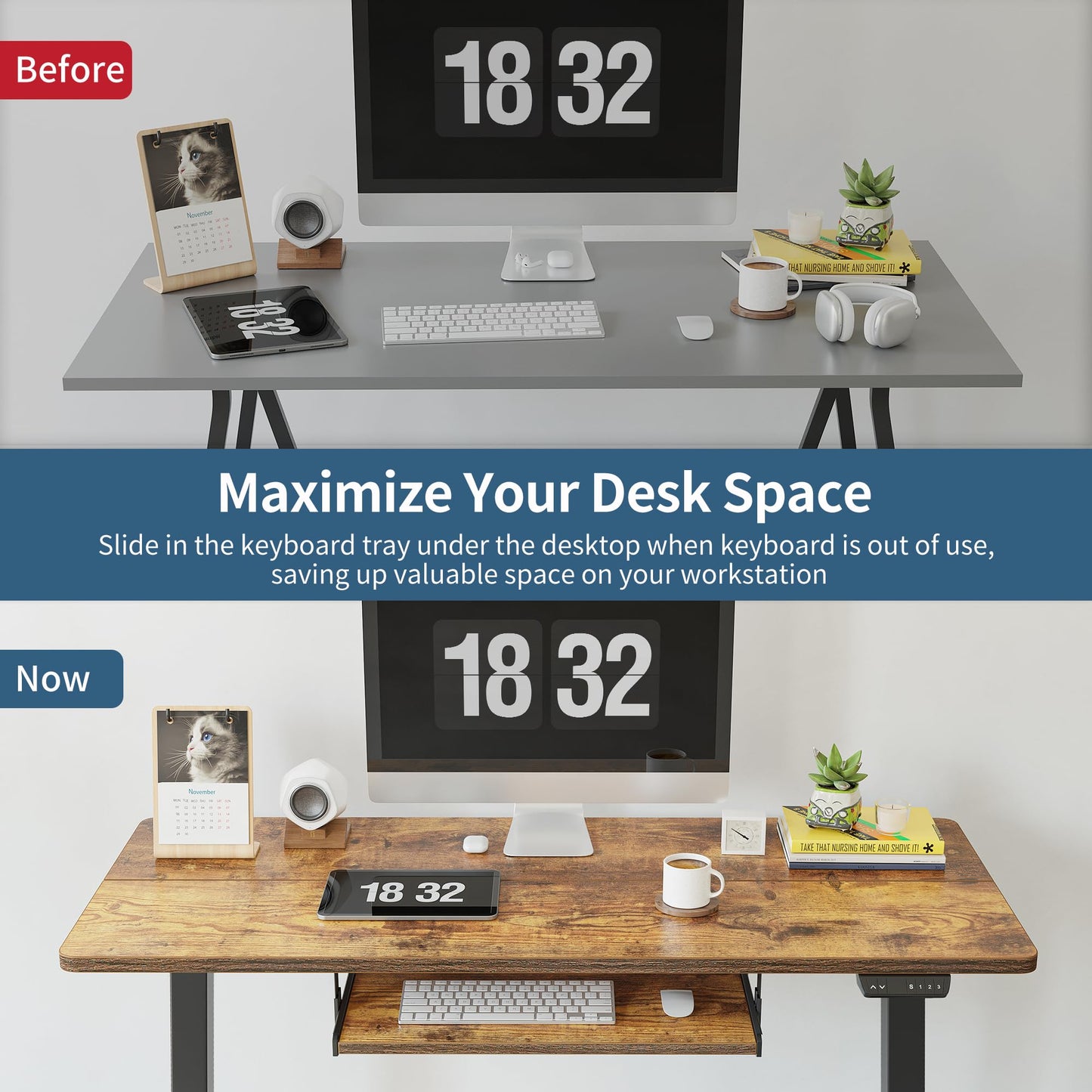 BANTI 63''x24''Standing Desk Adjustable Height with Keyboard Tray, Raising Desk, Sit Stand Up Desk for Home Office and Computer Workstation, Rustic Brown