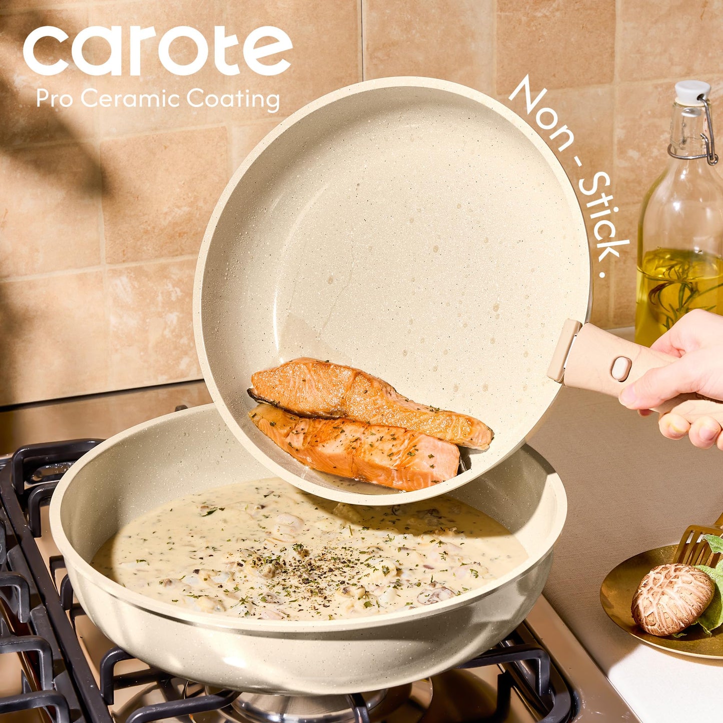 CAROTE 25PCS Ceramic Cookware Set, Pots and Pans set Non Stick, RV Kitchen Cooking Set Removable Handles, Oven Safe, Induction Cookware, Non-toxic Kitchen Cooking Set, PFAS and PFOA Free