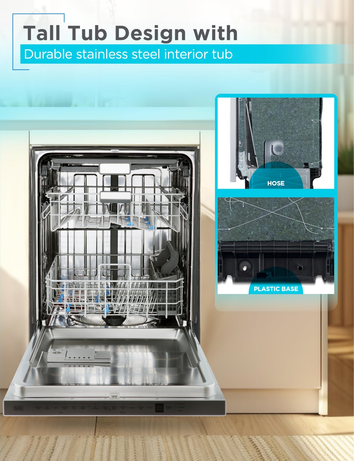 BLACK+DECKER 24" Designer Series Built-In Dishwasher, 14-Place Setting Capacity with Stainless Steel Tub, 6 Wash Programs and Smart Wash System, Low Noise, ENERGY STAR Certified, BDW400MS