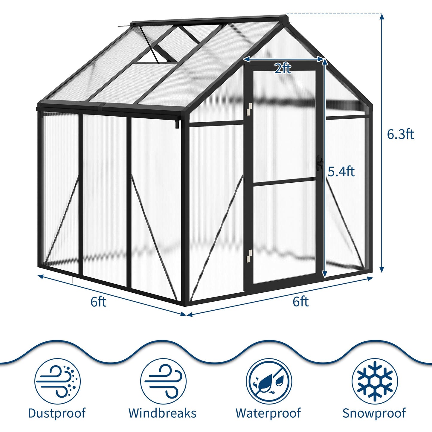 6 x 6 ft Greenhouse, Greenhouses for Outside, Polycarbonate Greenhouse with Aluminum Frame, Lockable Door and Ajustable Roof Vent for Backyard, Green Houses for Outside Garden Backyard, Patio