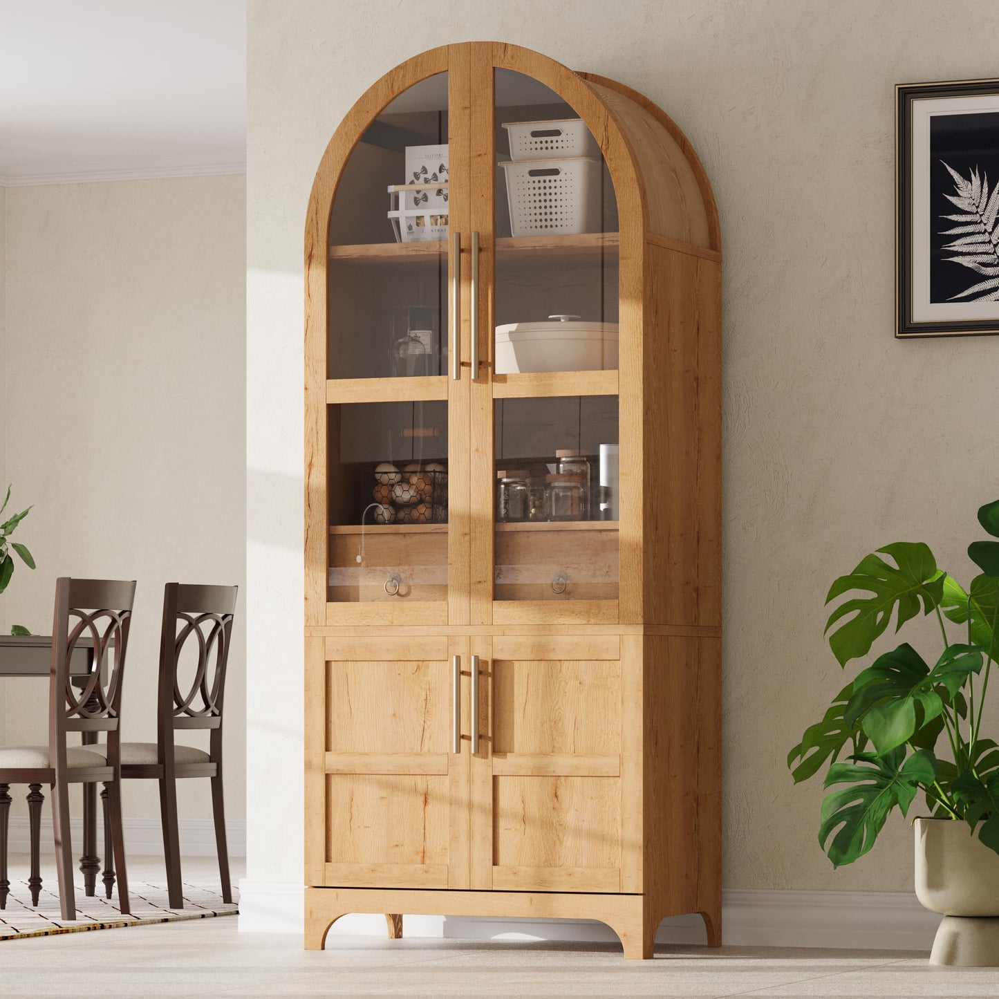 Erteliza 71" Farmhouse Arched Storage Cabinet with Glass Doors & Hidden Drawer, Tall Arched Cabinet with Adjustable Shelves, Kitchen Pantry Cupboard for Dining Room, Natural