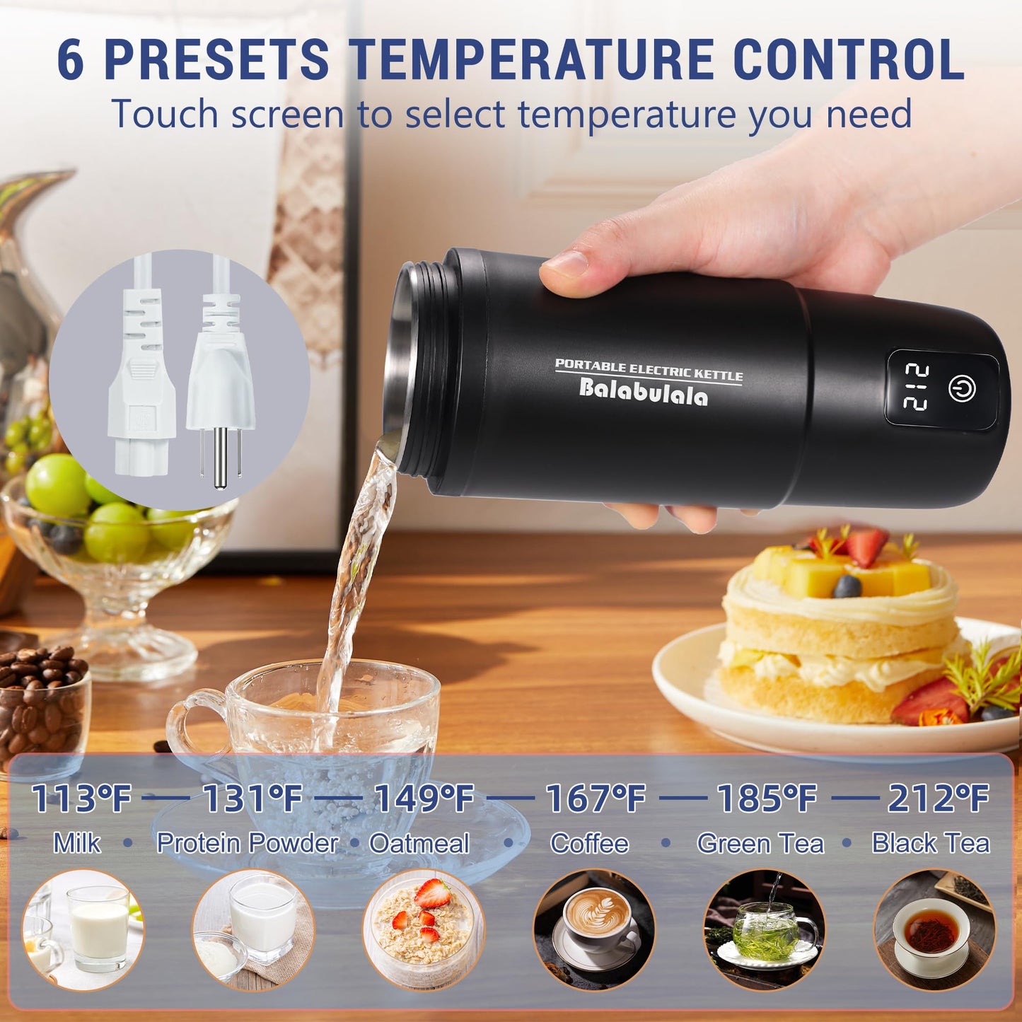 Travel Electric Kettle, Balabulala Portable Water Boiler with 6 Variable Presets, Personal Small Electric Kettle with Keep Warm Temperature Controls & Boil Dry Protection, 17oz