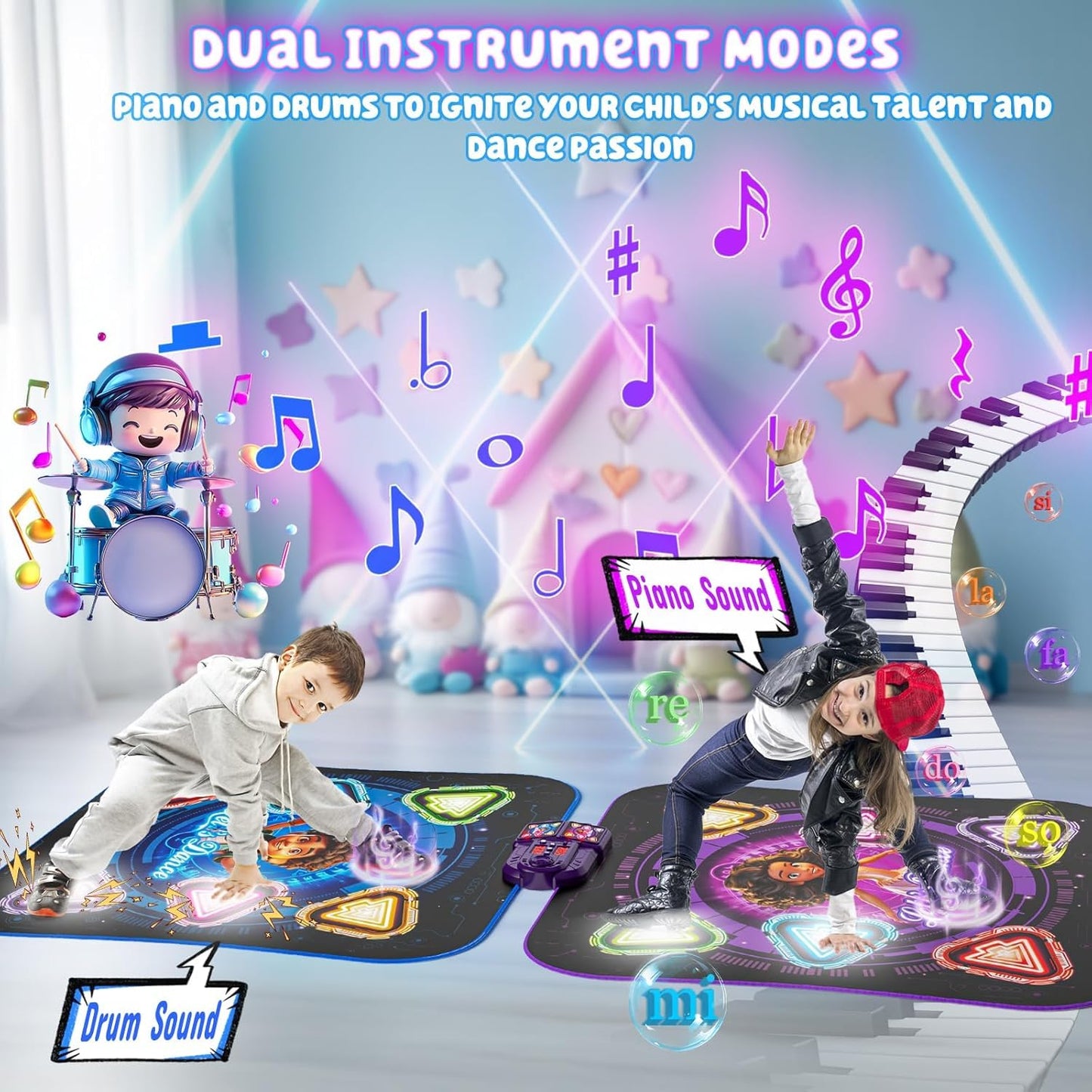 Surelect Dance Mat, 2025 Rechargeable Light-Up 2-Player Opposing Dance Pad with Bluetooth, 12-Button Music Dancing Toy, Christmas Birthday Gift for 3-12 Year Old Boys Girls