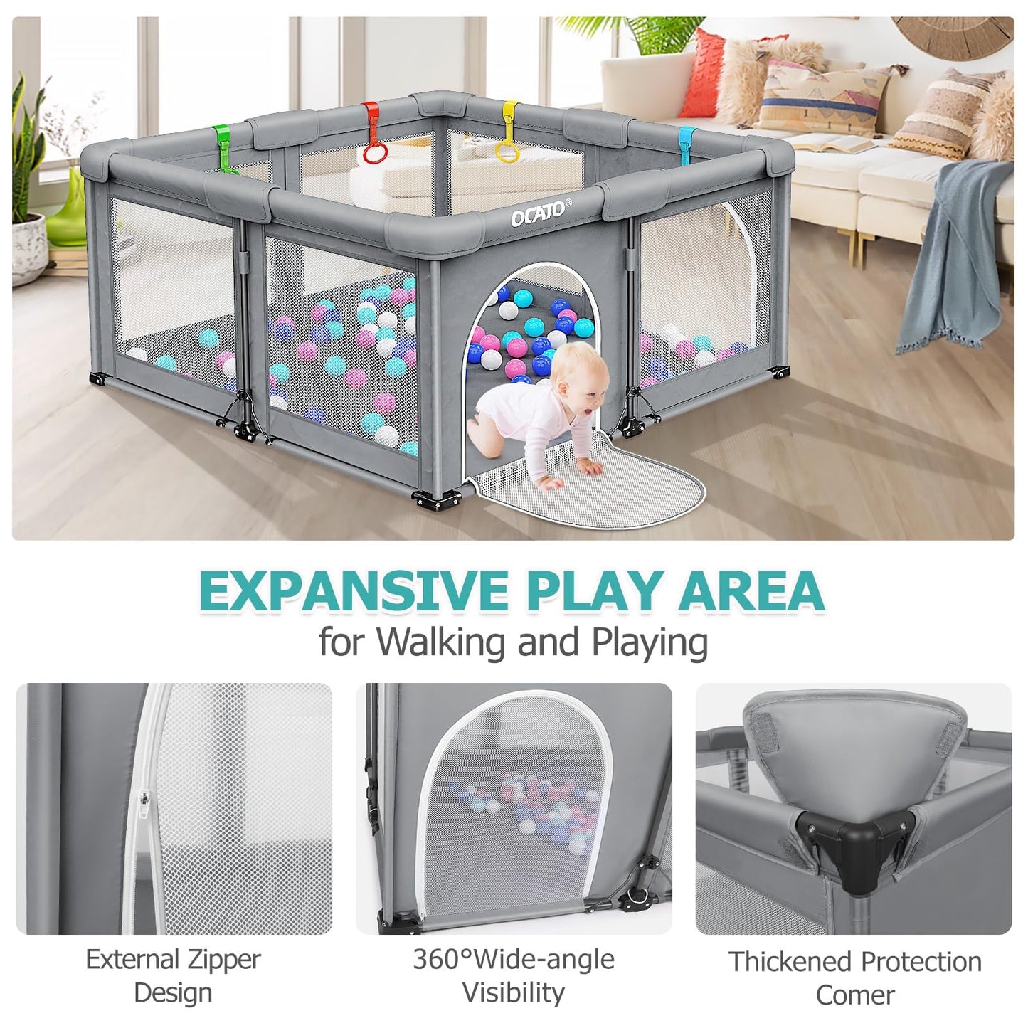 OCATO Baby Playpen Play Pen: Foldable Playpen for Babies and Toddlers Playard for Indoor Outdoor Activity Center Game Fence Safety Area Toddler Play Pen for Babies 6-12 Months Baby Gifts (50" × 50")