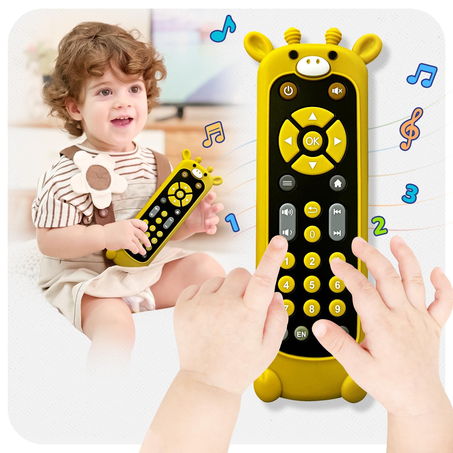 KIRALUMI Baby Remote Control Toy with Giraffes Silicone Cover - Educational Musical Baby Toddler Toys with Realistic Play, Lights, and Sounds - 6, 9, 12, 18 Month Boys Girls Toys Gift