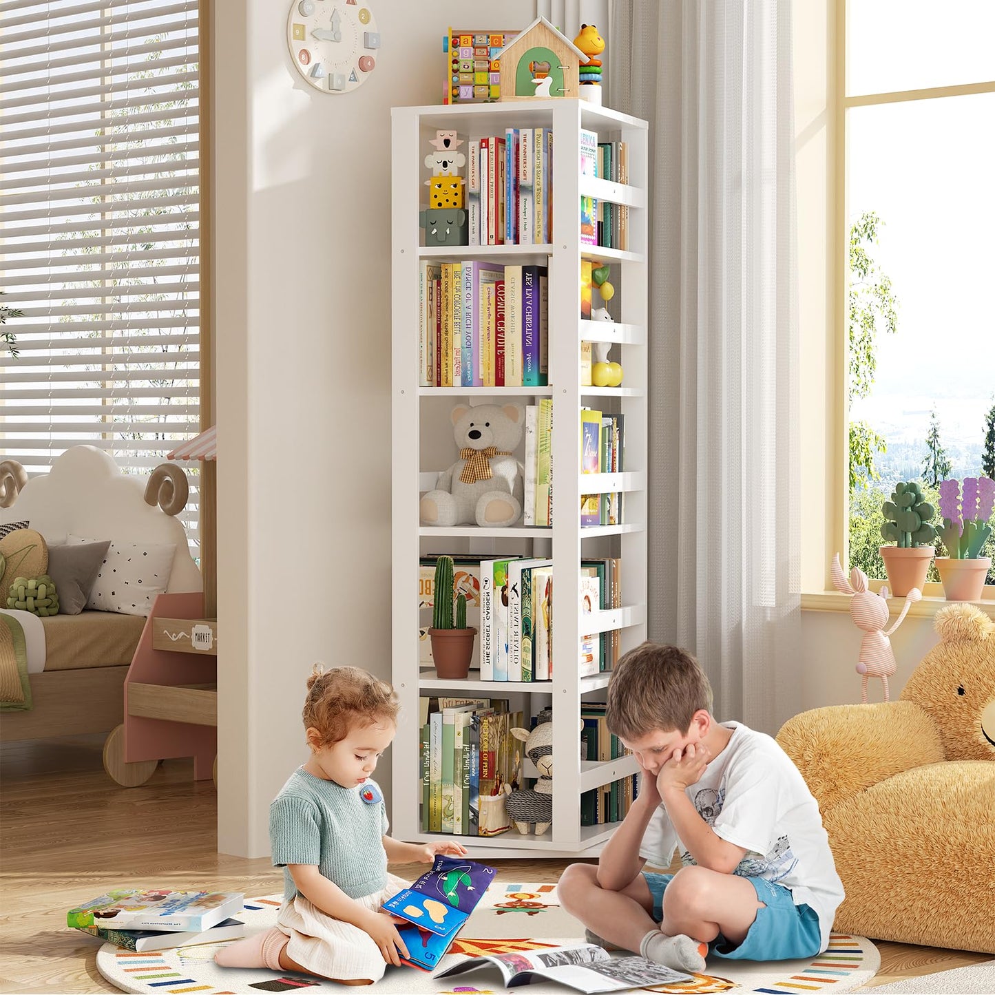 Homykic Rotating Bookshelf, Bamboo 360 Display Spinning Bookshelf Tower, 5-Tier Small Corner Bookcase for Small Spaces, Narrow Revolving Book Shelf Organizer Rack for Home Office, White