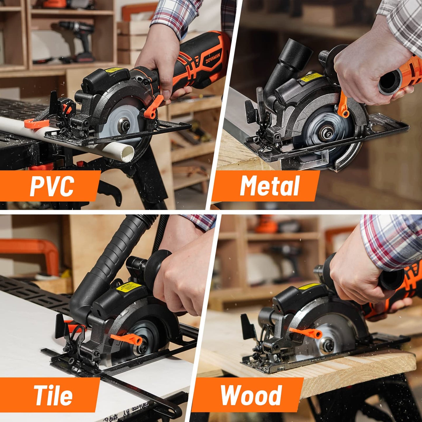 DOVAMAN Circular Saw, 5.8A 4-1/2" Circular Saw w/Laser, Metal Auxiliary Handle, 6 Blades (4½", 4¾"), Cutting Depth 1-11/16" (90°), 1-3/8" (45°), Ideal for Wood, Soft Metal, Plastic, Tile - MCS01A