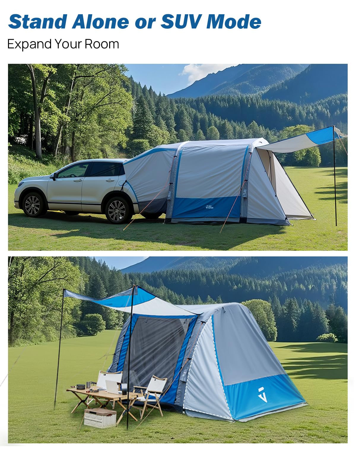 JOYTUTUS SUV Tent with Inflatable Pump, 30% More Space, Easy Set-up Car Tent for 6 Person Family Camping, Dual-Use SUV or Camping with 2 Awnings, Double Door, Fit for SUV Car Van