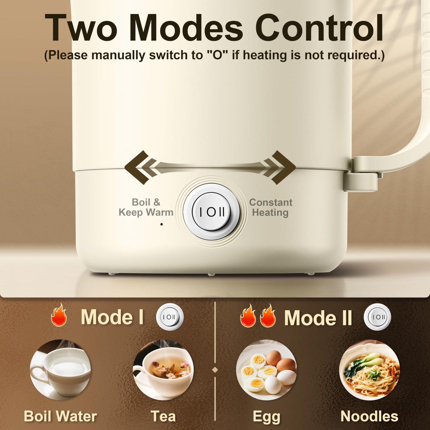 Stariver Portable Travel Kettle, 600ML Small Electric Kettle with Foldable Handle, Food Grade Stainless Steel Collapsible Water Boiler with Dual Modes, Compact for RV, Business Trip, Camping, Beige