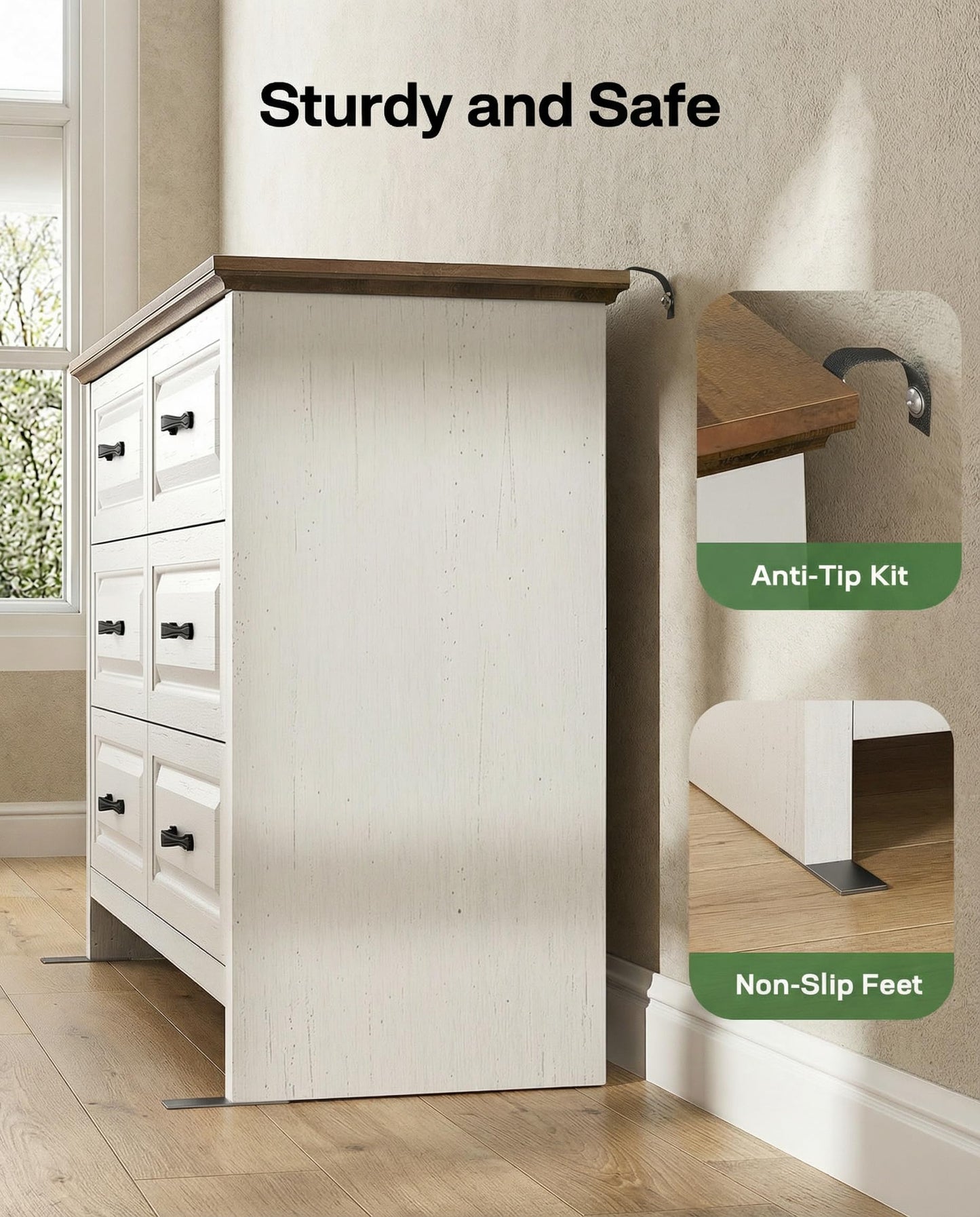 Marsail Farmhouse 6 Drawer Dresser, Wood Chest of Drawers with Natural Texture, Smooth Gliding Drawers, Versatile Storage Organizer Cabinet for Bedroom & Living Room, White and Brown