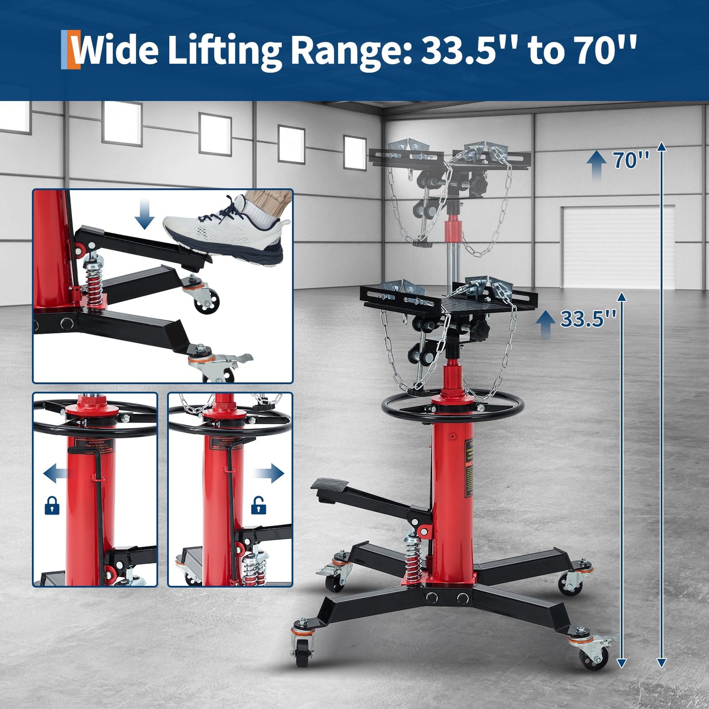GarveeTech Hydraulic Transmission Jack, 1322 LB Capacity, High Lift Transmission Lift with Dual Plungers, 360° Rotation & 30° Tilting Saddle for Home Garage & Auto Shop, Red