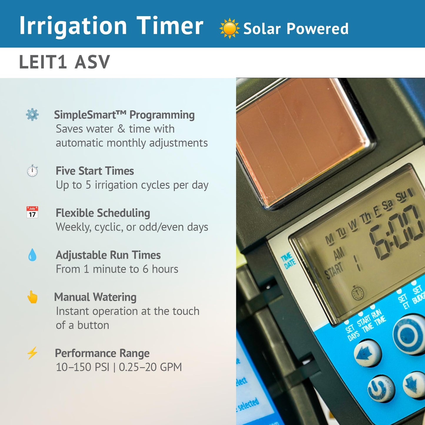 DIG LEIT 1 ASV.075 Solar Irrigation Controller with 3/4" Anti Siphon Valve | Solar-Powered, Smart Programming | Ideal for Drip & Sprinkler Systems in Residential & Commercial Irrigation (Weatherproof)