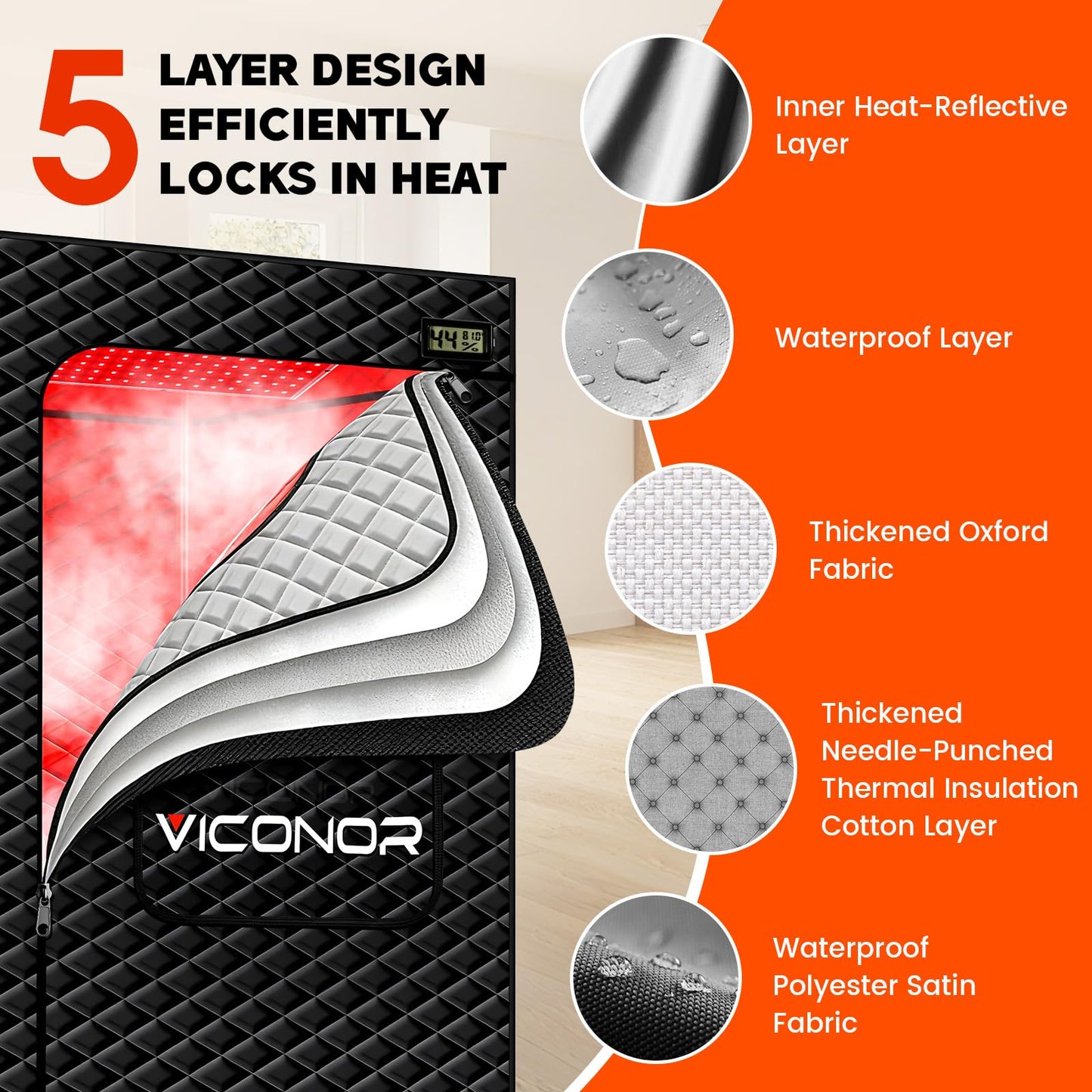 Viconor Red Light Sauna, Portable Steam Infrared Sauna with 660nm & 850nm Red Light Therapy for Home, Full Body Steam Sauna Box for Relaxation, 3L/1200W Steamer, 9 Levels Heat, Timer, Folding Chair