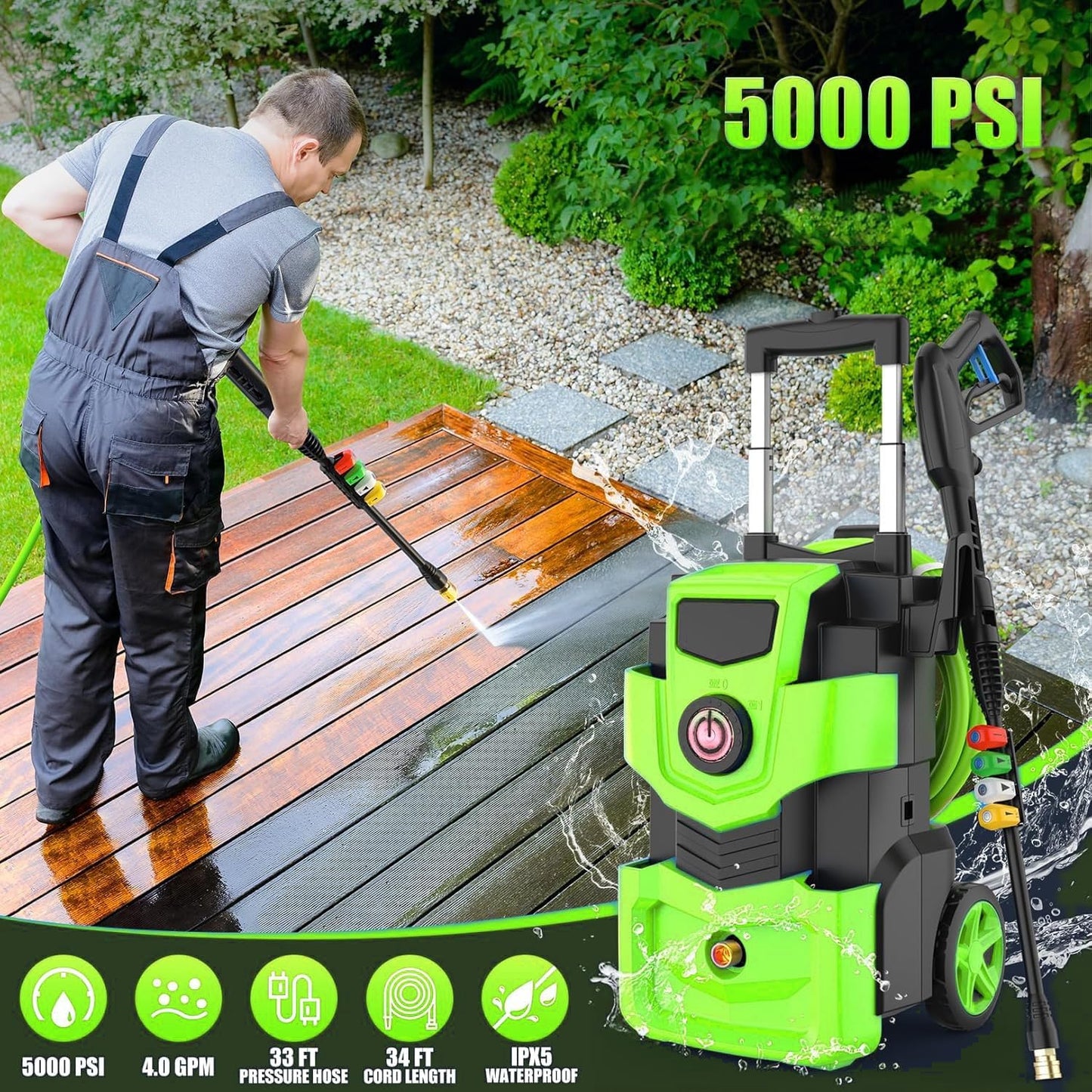 5000 PSI Professional Electric Pressure Washer,4.0 GPM Heavy Duty Power Washer with 4 Nozzles,Foam Cannon,33FT Hose and 500ml Soap Bottle for Home/Cars(Green)