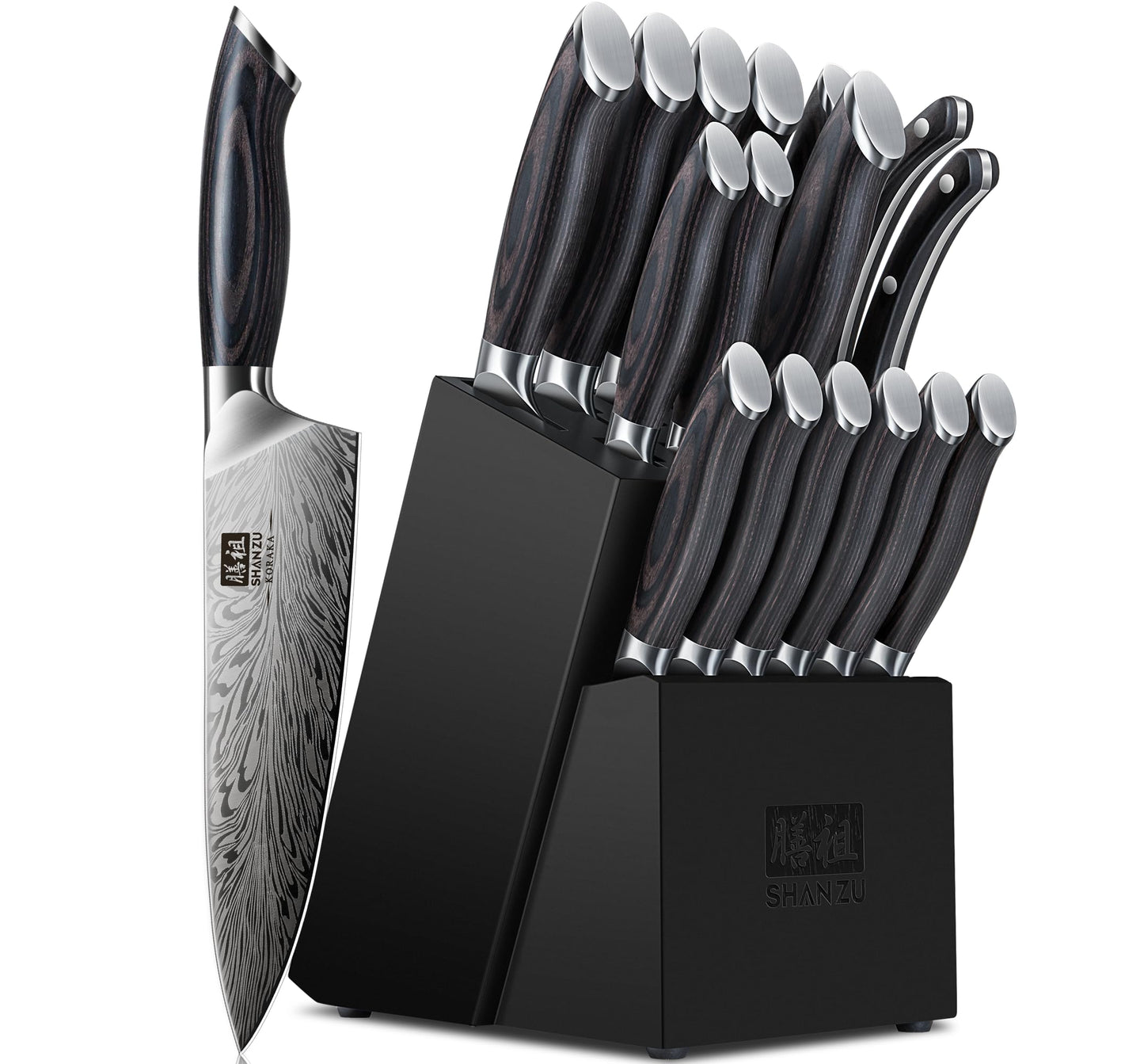 SHAN ZU 16 Pieces Knife Set, Knife Block Set in Powder Steel, Ultra Sharp Kitchen Knives Set, High Hardness Japanese Knife Set with Ergonomic Pakkawood Handle, Chef Knives Set for Kitchen Cooking