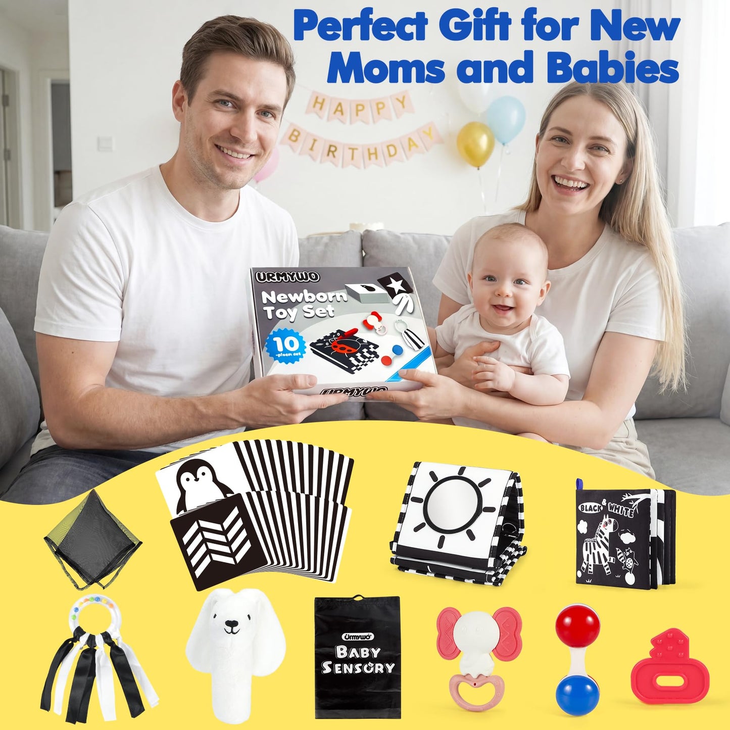 URMYWO 10 Pcs High Contrast Black and White Baby Toys for Newborn, Tummy Time Mirror, Rattle, Teether, Visual Stimulation Learning Cards, Sensory Toys for 0-6 Months, Baby Boy Girl Gift