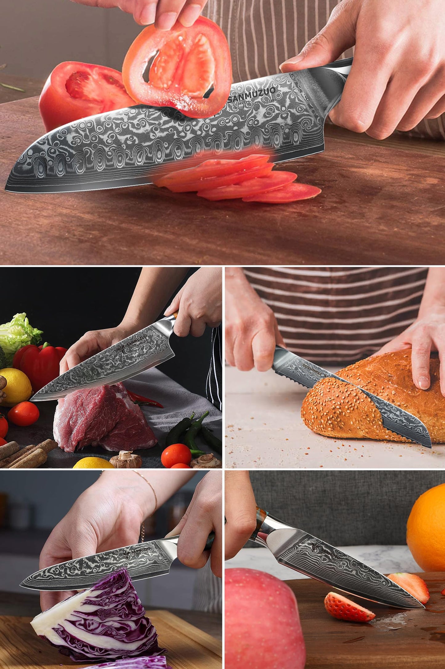 SANMUZUO Chef Cooking Knives Set- Kitchen Knife Set of 5 Piece - Ultra-Sharp VG10 Damascus Steel & Resin Handle - Xuan Series (Fantasy Orange)