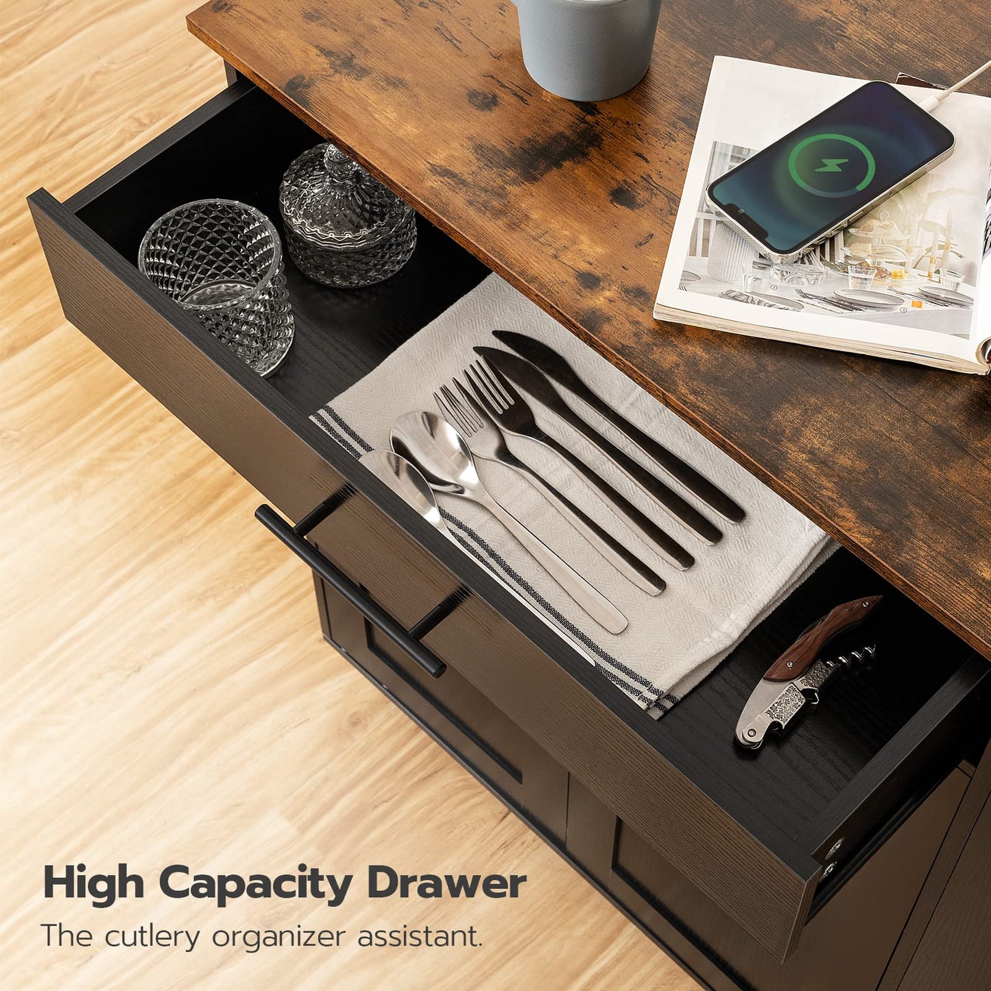 HOOBRO Kitchen Island with Power Outlet, Storage Island with Spice Rack and Drawer, Rolling Kitchen Cart on Wheels, for Home, Dining Room, Rustic Brown and Black