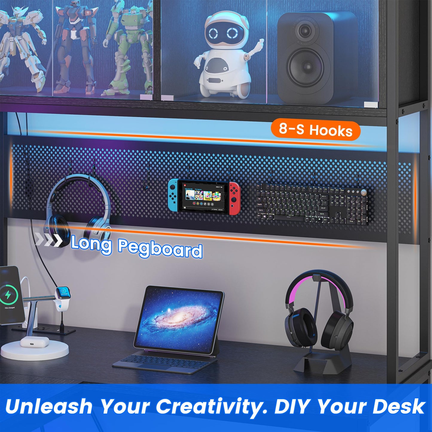 kepptory L Shaped Gaming Desk with DIY Pegboard, Home Office Computer Desk with Raised Display Stand, 2 Drawers and LED Glass Cabinets, Corner Desk with Printer Desktop&Power Outlet, Black