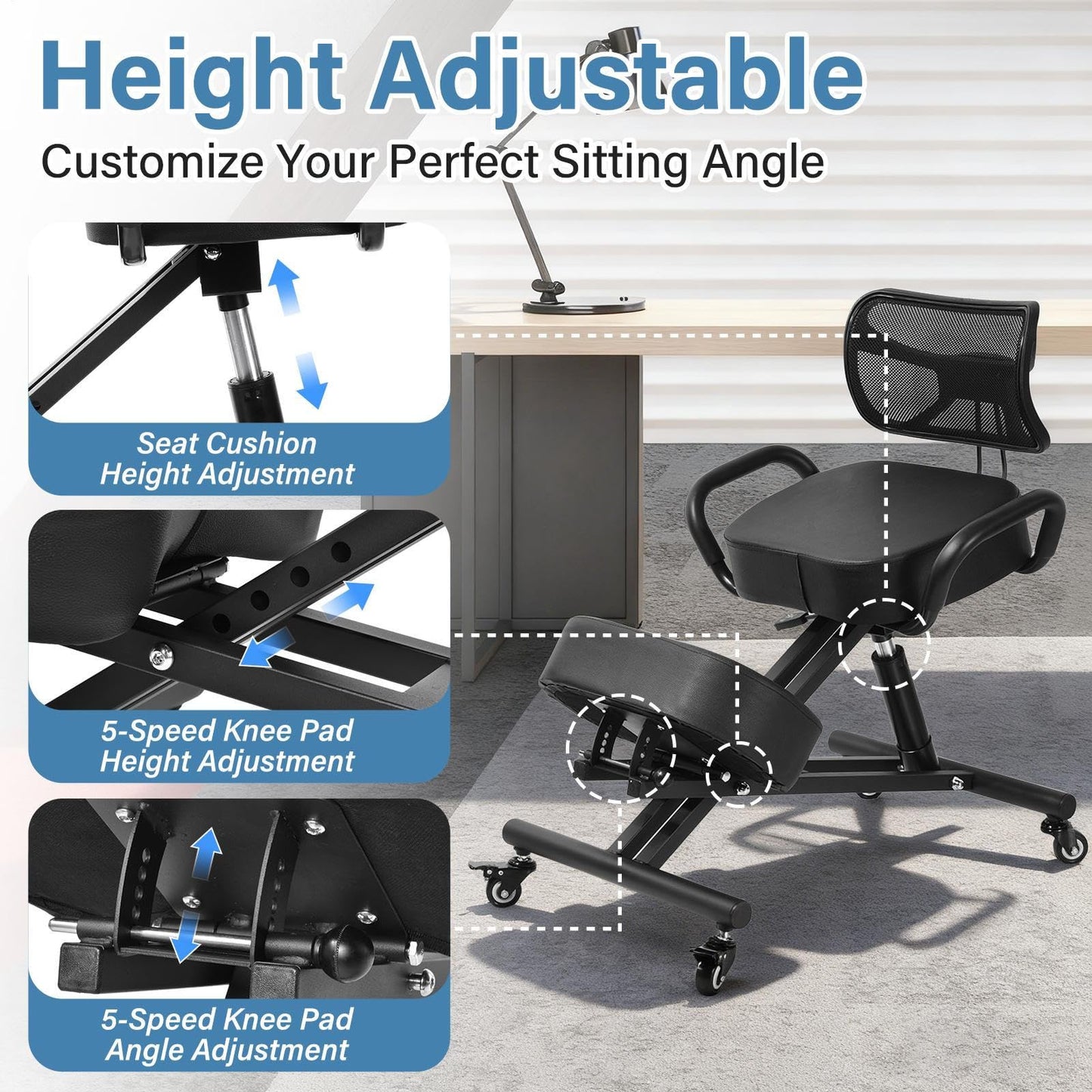 Ergonomic Kneeling Chair with Back Support, Height Adjustable Stool for Home and Office, PU Kneeling Chair for Desk to Relieve Back Discomfort, Thick Moulded Foam Cushions Brake Casters