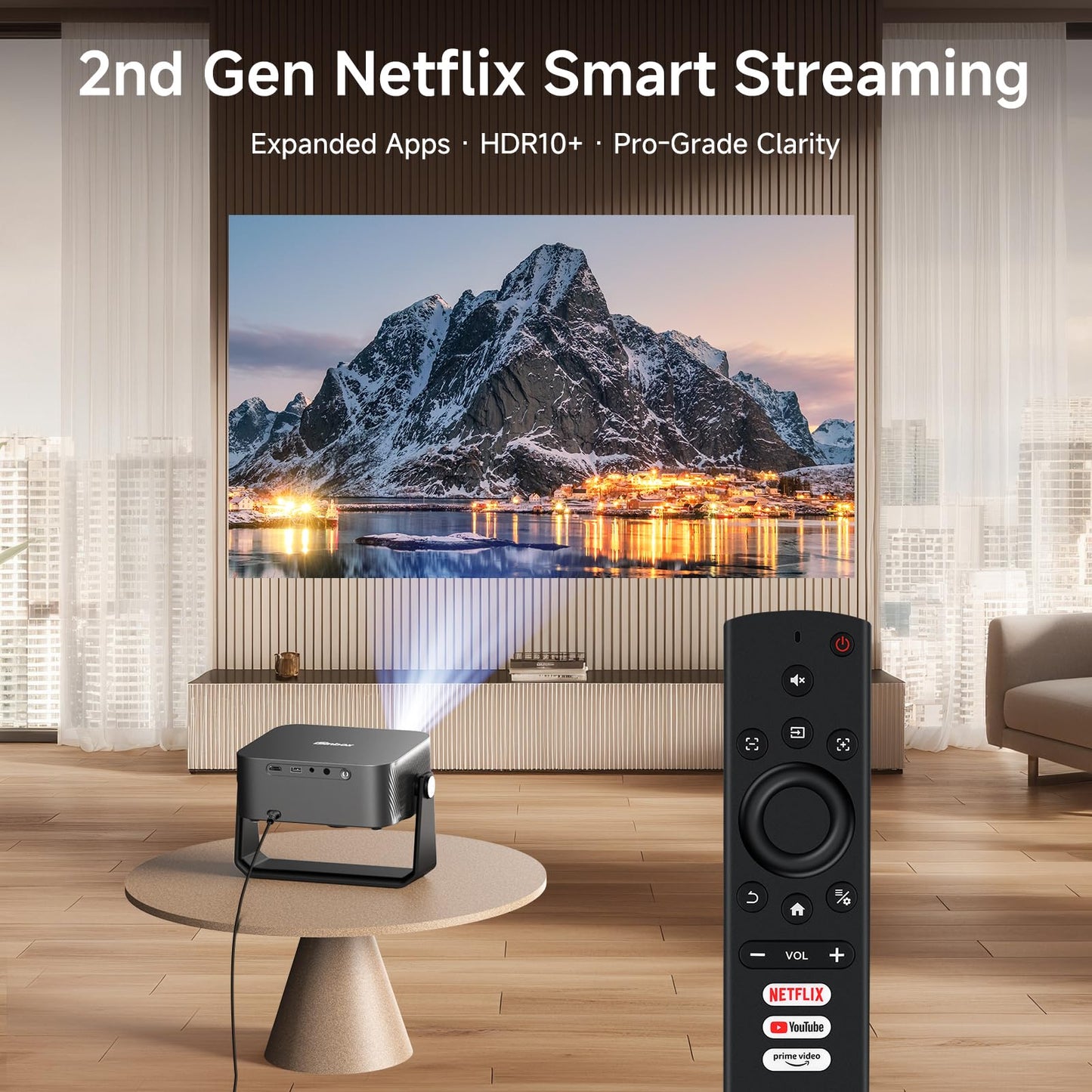[2000 ANSI/Auto Focus & Keystone/Built-in APP] 4K Outdoor Projector with Wifi and Bluetooth, Smart Portable Projector with Built in Apps YouTube/PrimeVideo & Dolby, Home Theater Projector with HDR10+