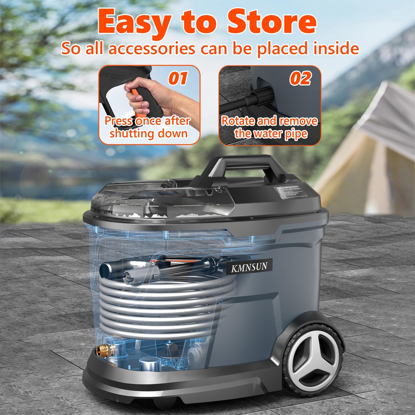 KMNSUN Portable Pressure Washer, Cordless Pressure Washer with 5.28 Gallon Tank, Max 870 PSI, 2 x 4.0Ah Battery, 2 x Chargers, Extension Rod, Suitable for Car Washing, Outdoor Rinsing, Pet Cleaning