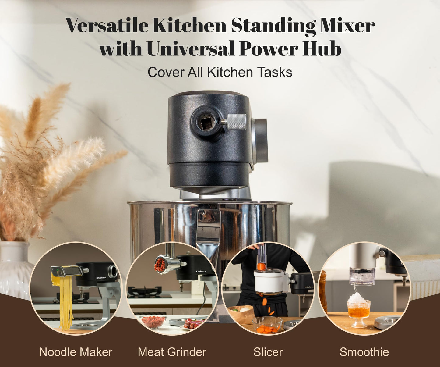 Kraftsman Stand Mixer All Metal - Heavy Duty Kitchen Standing Mixer 5.3 Quart with 4 Stainless Steel Attachments, DC Motor & Multifunctional Power Hub, 8-Speed & Timer, Lower Noise (Black)