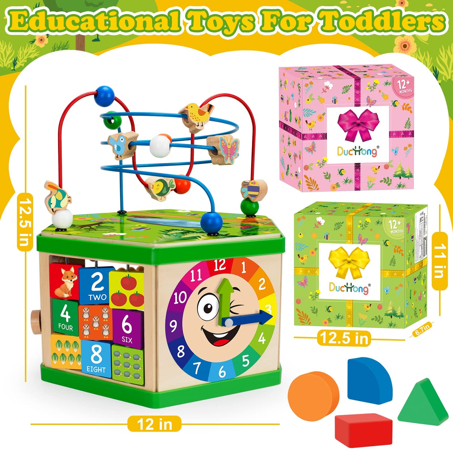Wooden Activity Cube for 1 Year old, 12-18 Month Boys & Girls, 7-in-1 STEM Montessori Early Developmental Learning Toys for Kids Aged 1-2, Ideal 1st Birthday Gift Toys for Baby, Toddlers (Green)