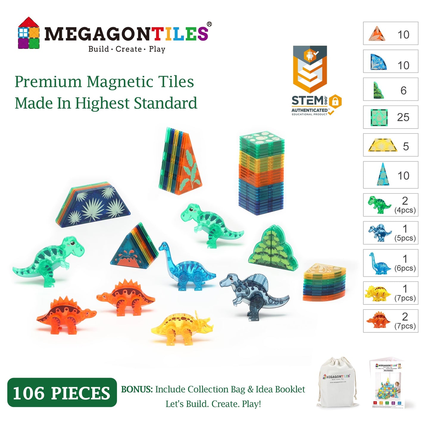 MEGAGONTILES Dinosaur Magnetic Tiles Set 106PCS | STEM-Authenticated Magnet Building Blocks with Dinosaur Animals | Educational Construction Toy for Toddlers & Kids Ages 3–8 (Boys & Girls)