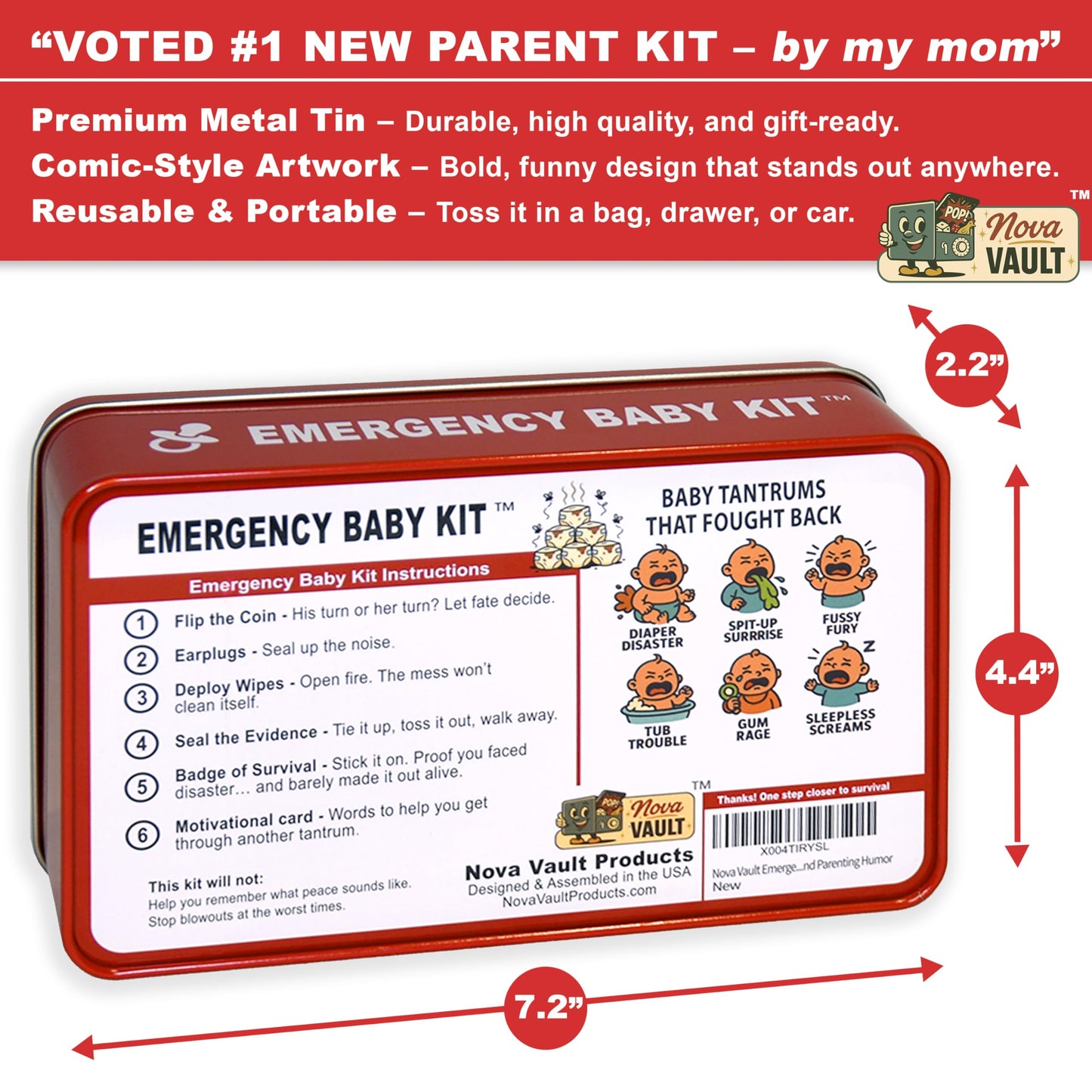 Nova Vault Funny Emergency Baby Newborn Kit Includes Wet Wipes, Flip Coin, Stickers, Jokes, Badge, Bag, Earforam. Ultimate Baby Shower, Family and Freinds Novelty Gag Gift