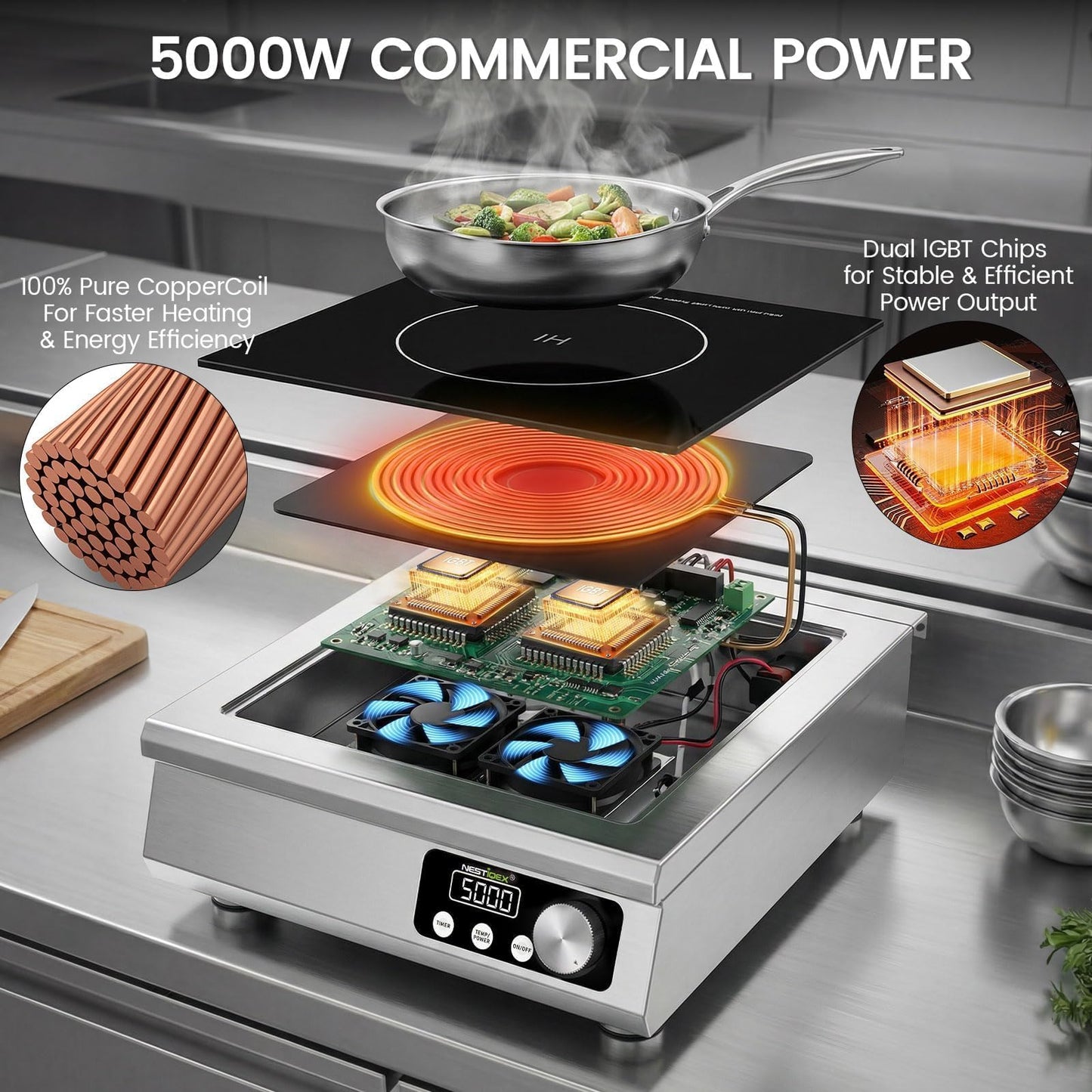 5000W Commercial Induction Cooktop, NESTIQEX 208V 3-Phase Large Induction Burner with 20 Power & Temp Levels, 9" Large Coil, 24h Timer, Pro Electric Countertop Burners for Restaurant