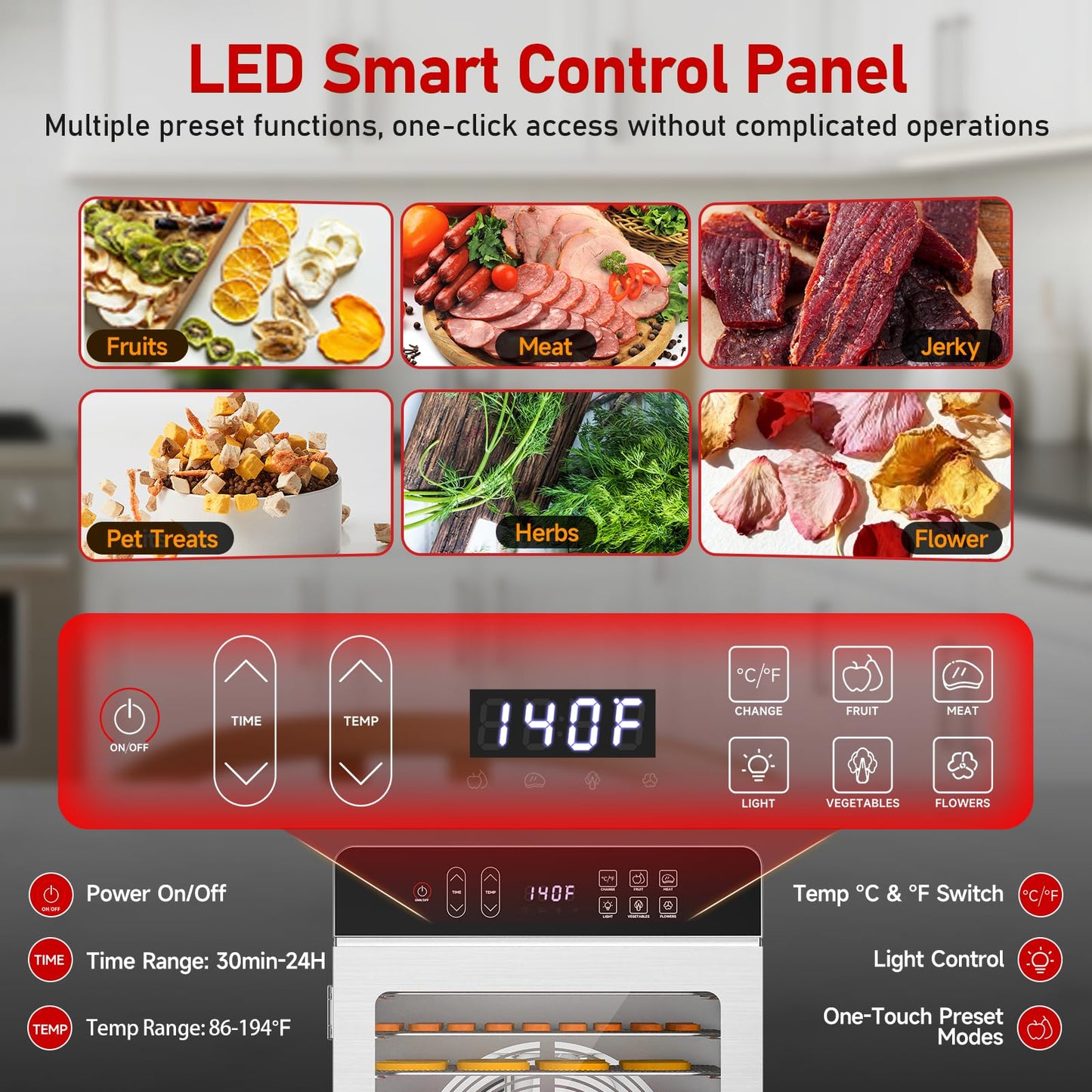 Food Dehydrator with 10 Stainless Steel Trays, 800W Dehydrator with 194℉ Temperature Control & 24H Digital Timer, Low Noise, 4 Presets, for Jerky, Herbs, Yogurt, Dog Treats