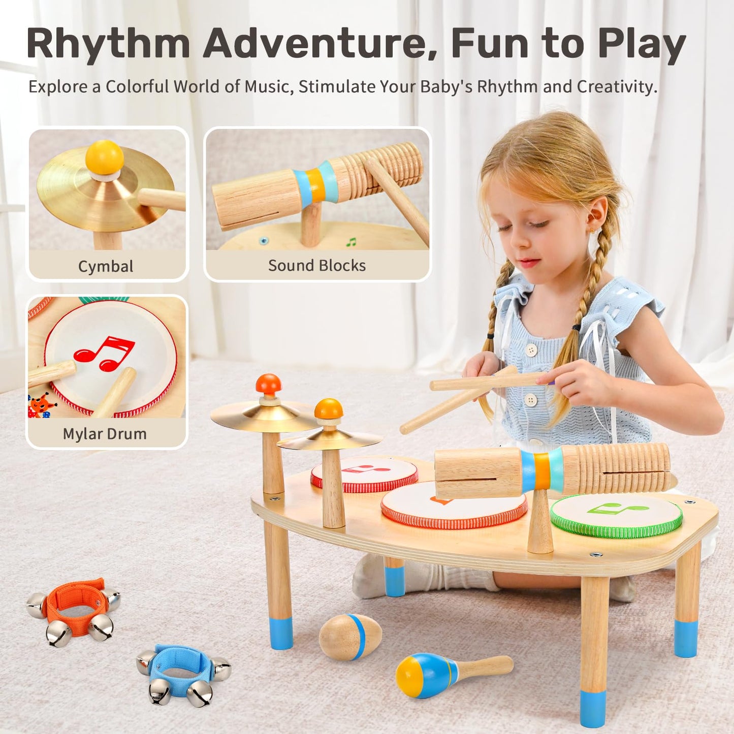 WINGYZ 11-in-1 Toddler Drum Set-Wooden Baby Musical Instruments & Montessori Musical Toys for Toddlers 1-3, Music Table with Bongo Drums, Cymbals, Maracas & Wrist Bells for Early Rhythm Play