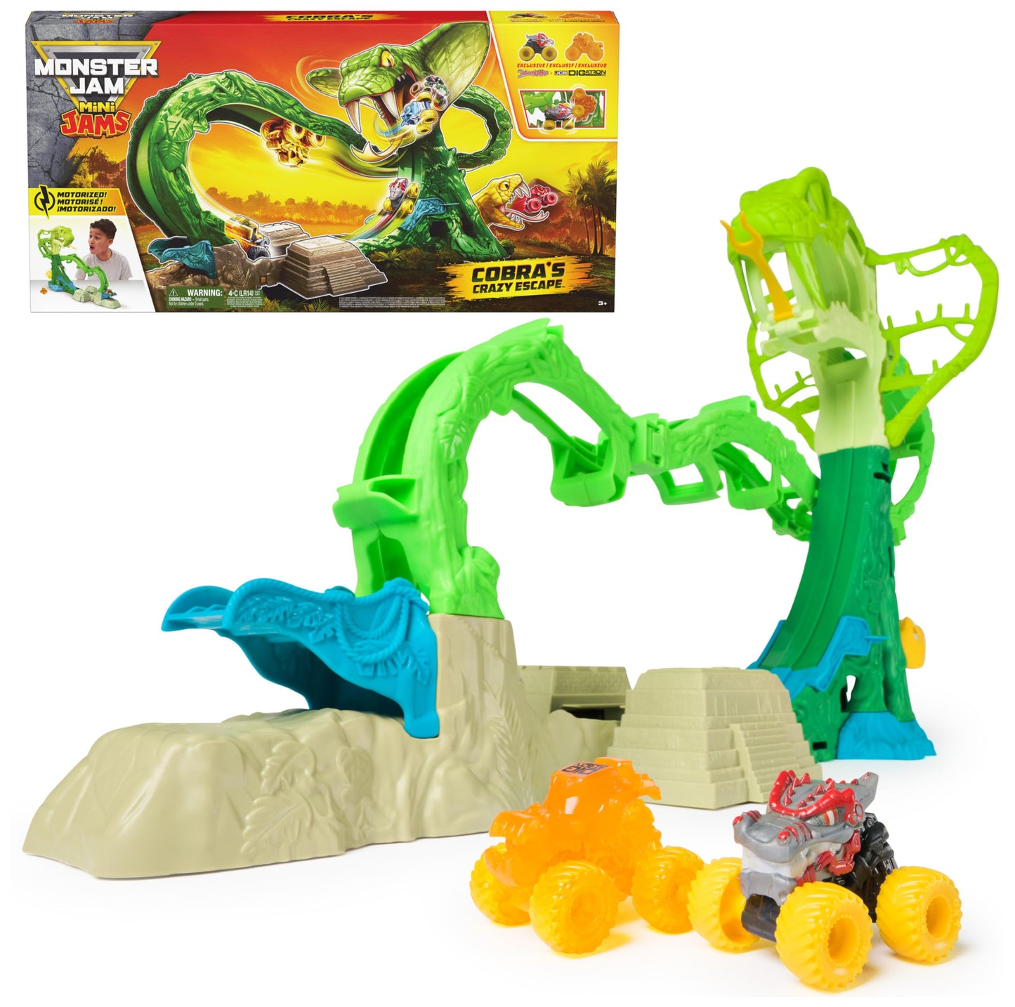 Monster Jam Mini Jams, Cobra’s Crazy Escape 28” Motorized Playset, 2 Exclusive Die-Cast ThunderROARus and JCB Digatron Monster Trucks, Kids Toys for Boy and Girls Ages 3 and up