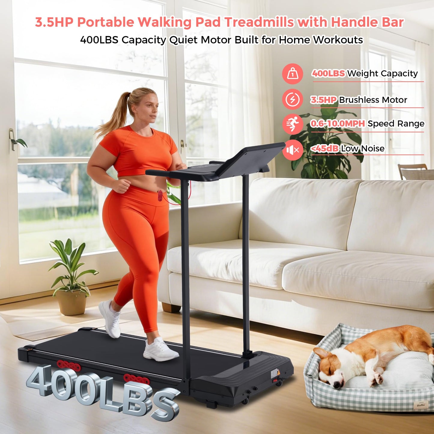 Walking Pad with Handle Bar, 3.5HP Electric Portable Walking Pad Treadmill with Handles, 0.6-10MPH Running Treadmill with Handles for Home Small, Big Screen, 400LBS Capacity