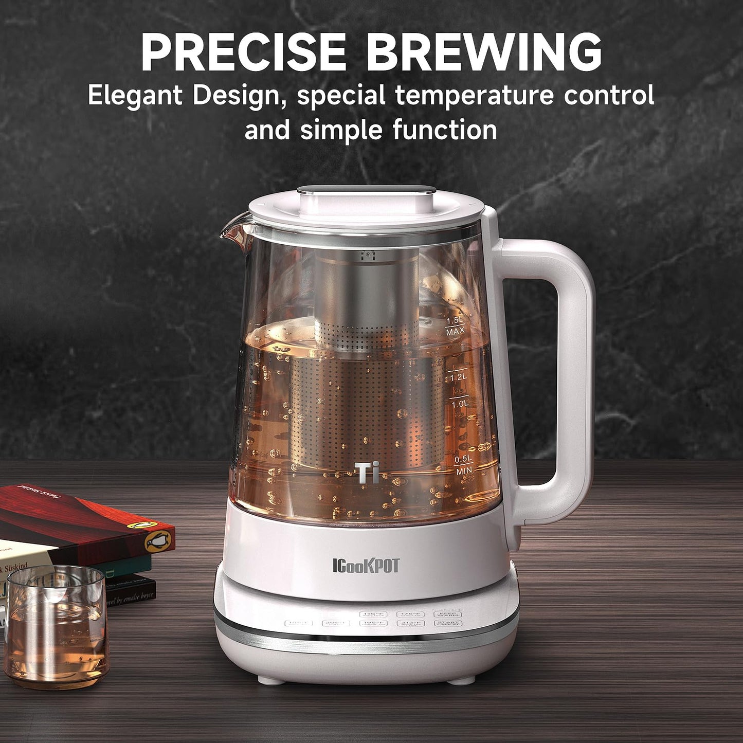 ICOOKPOT Titanium & Stainless Steel Electric Kettle with Tea Infuser and Temperature Control,1.5L Glass Tea Maker,1500W Rapid Boiling,Programmable Control for your Favorite Teas and Coffee-Grey