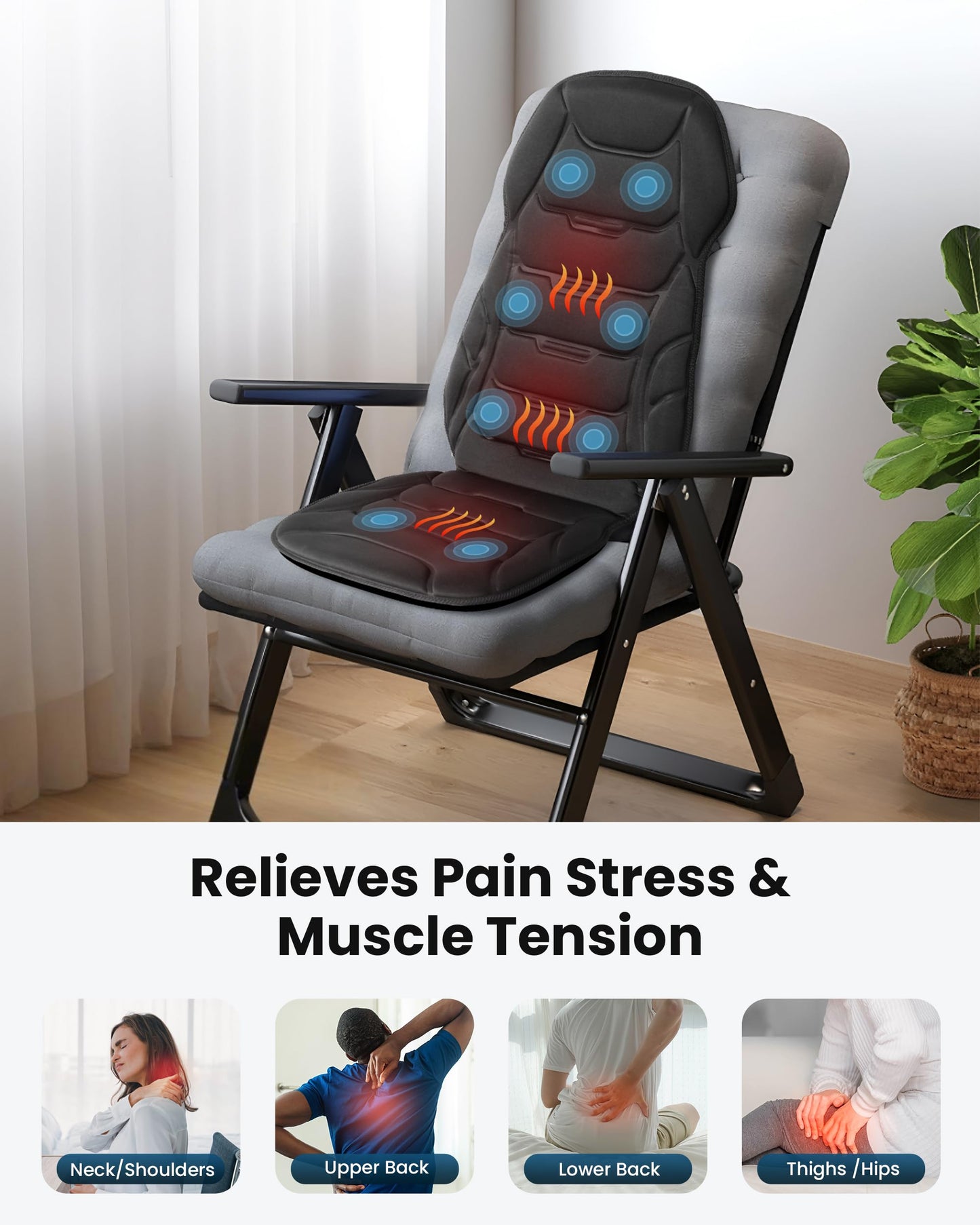 COMFIER Back Massager with Heat, Vibration Massage Seat Cushion with 8 Massage Nodes & 5 Modes, Adjustable Chair Massager Pad for Home Office, Heated Chair Pad,Gifts for Him Her