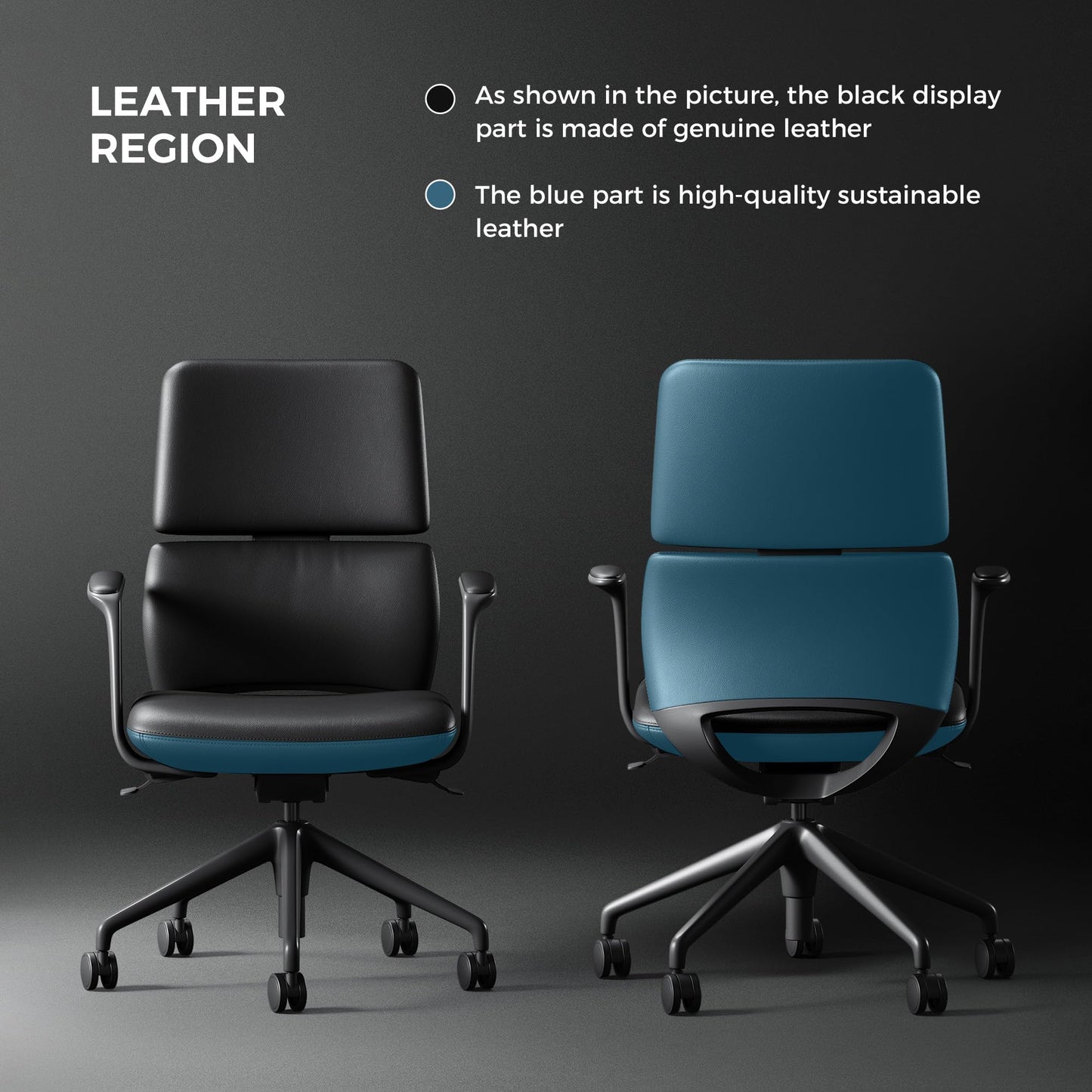 TOMU Genuine Leather Office Desk Chair with Wheels, Ergonomic Leather Executive Chair, Mid Back, Swivel Base with Adjustable Tilt, Modern Style, Luxury Aluminum Frame (Black)