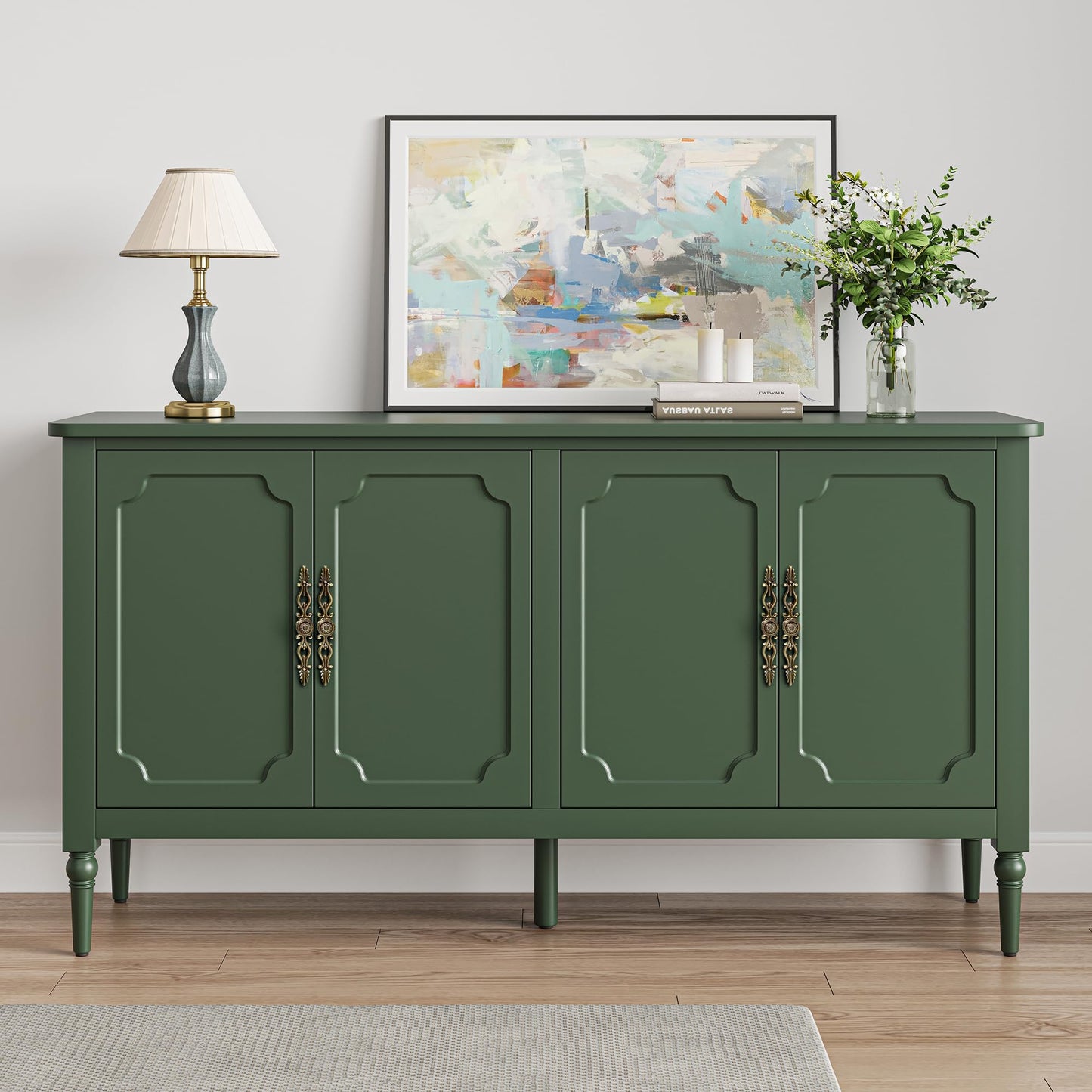 HEYNEMO 58'' Sideboard Buffet Cabinet with Storage, Mid Century Modern Storage Cabinet with 4 Doors and Adjustable Shelves, Green